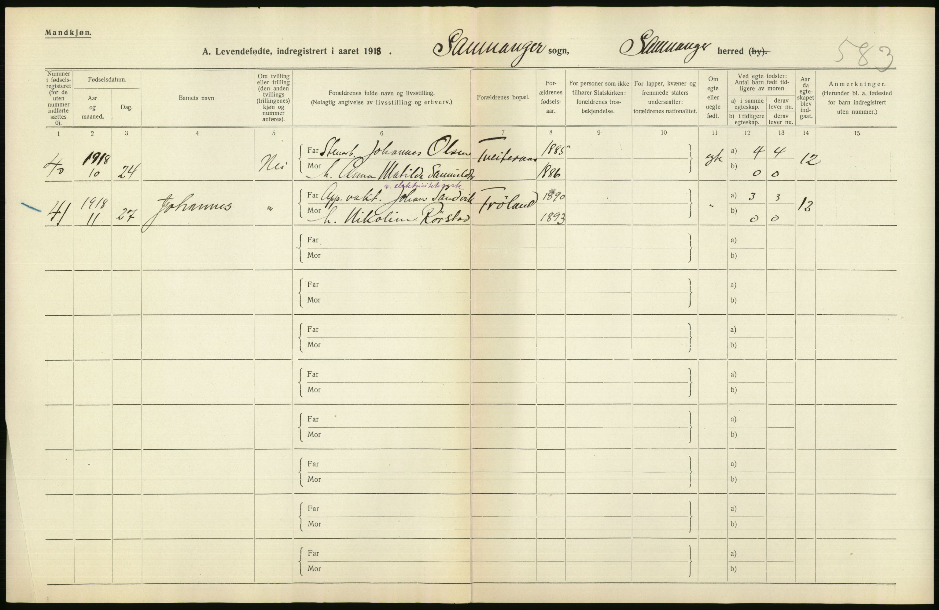 Statistisk sentralbyrå, Sosiodemografiske emner, Befolkning, RA/S-2228/D/Df/Dfb/Dfbh/L0034: Hordaland fylke: Levendefødte menn og kvinner. Bygder., 1918, p. 594