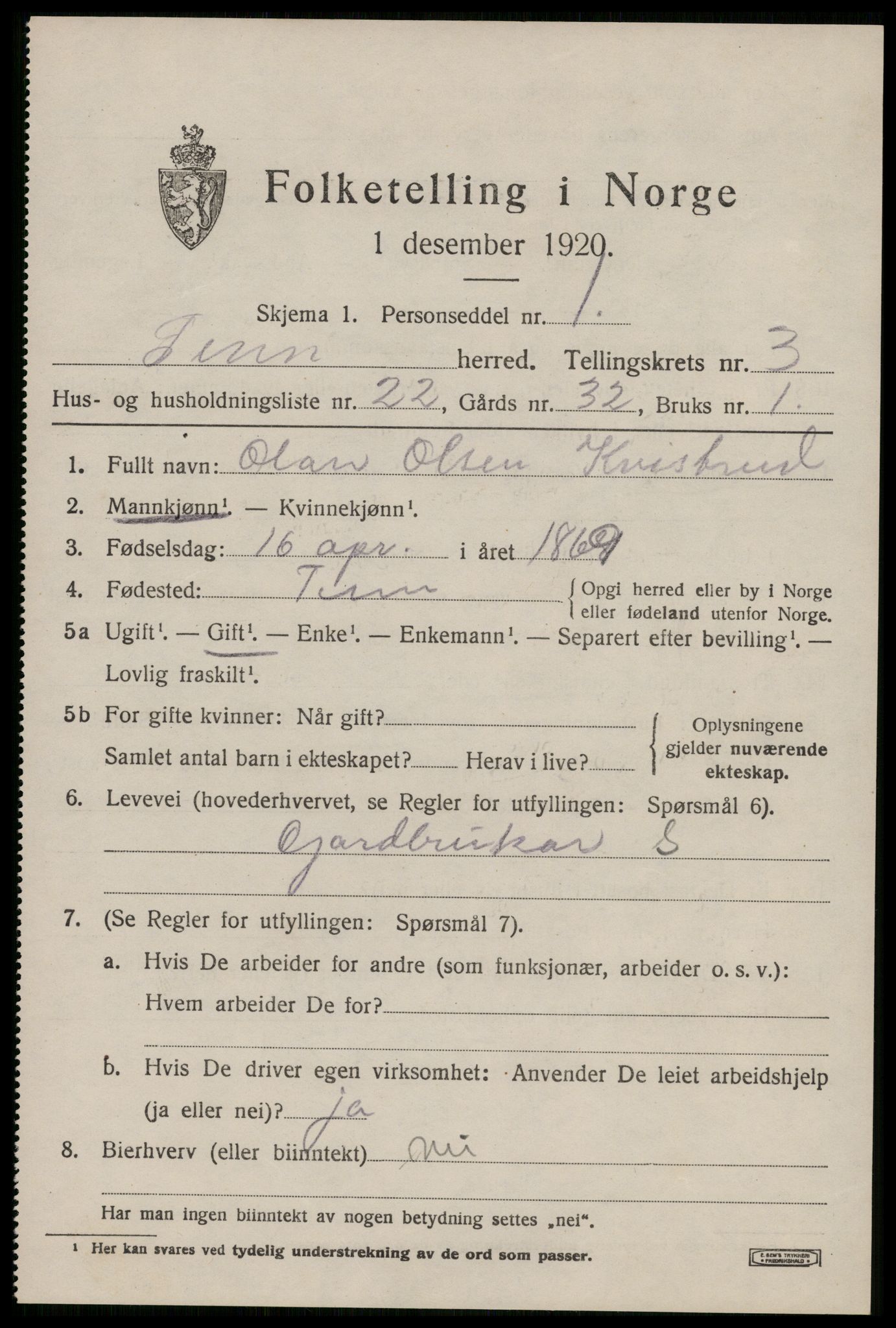 SAKO, 1920 census for Tinn, 1920, p. 3510