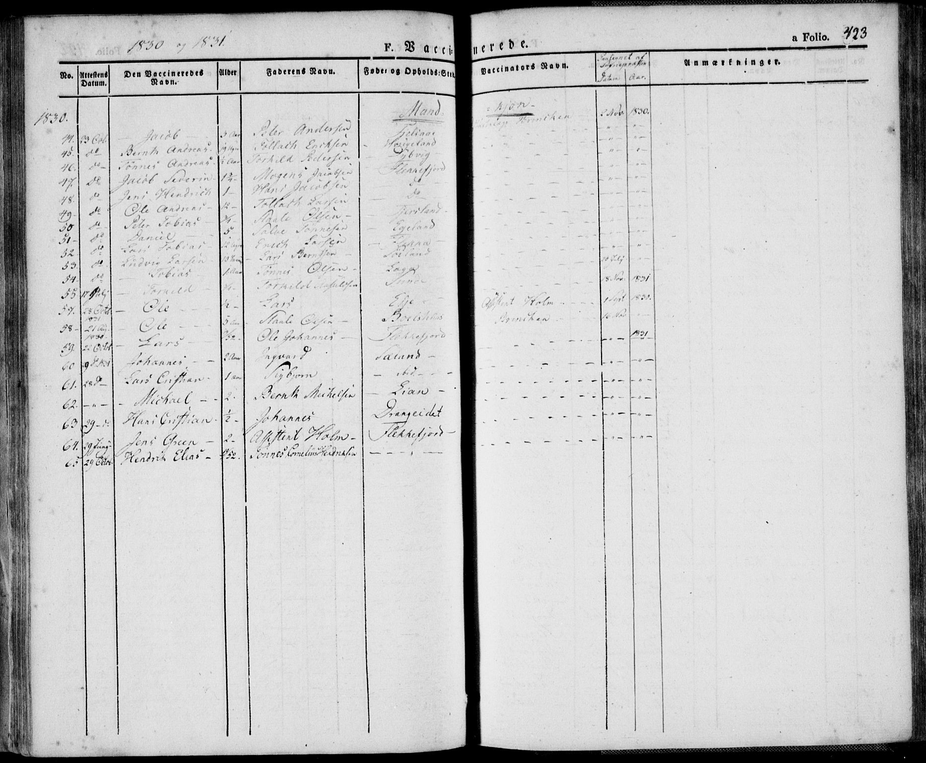 Flekkefjord sokneprestkontor, AV/SAK-1111-0012/F/Fa/Fac/L0003: Parish register (official) no. A 3, 1826-1841, p. 423