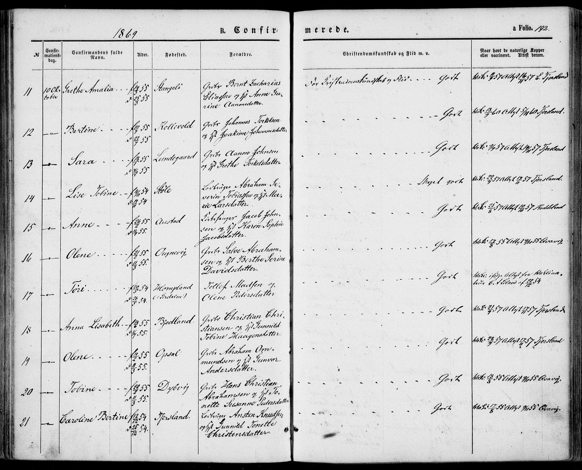 Lyngdal sokneprestkontor, AV/SAK-1111-0029/F/Fa/Fac/L0010: Parish register (official) no. A 10, 1865-1878, p. 192