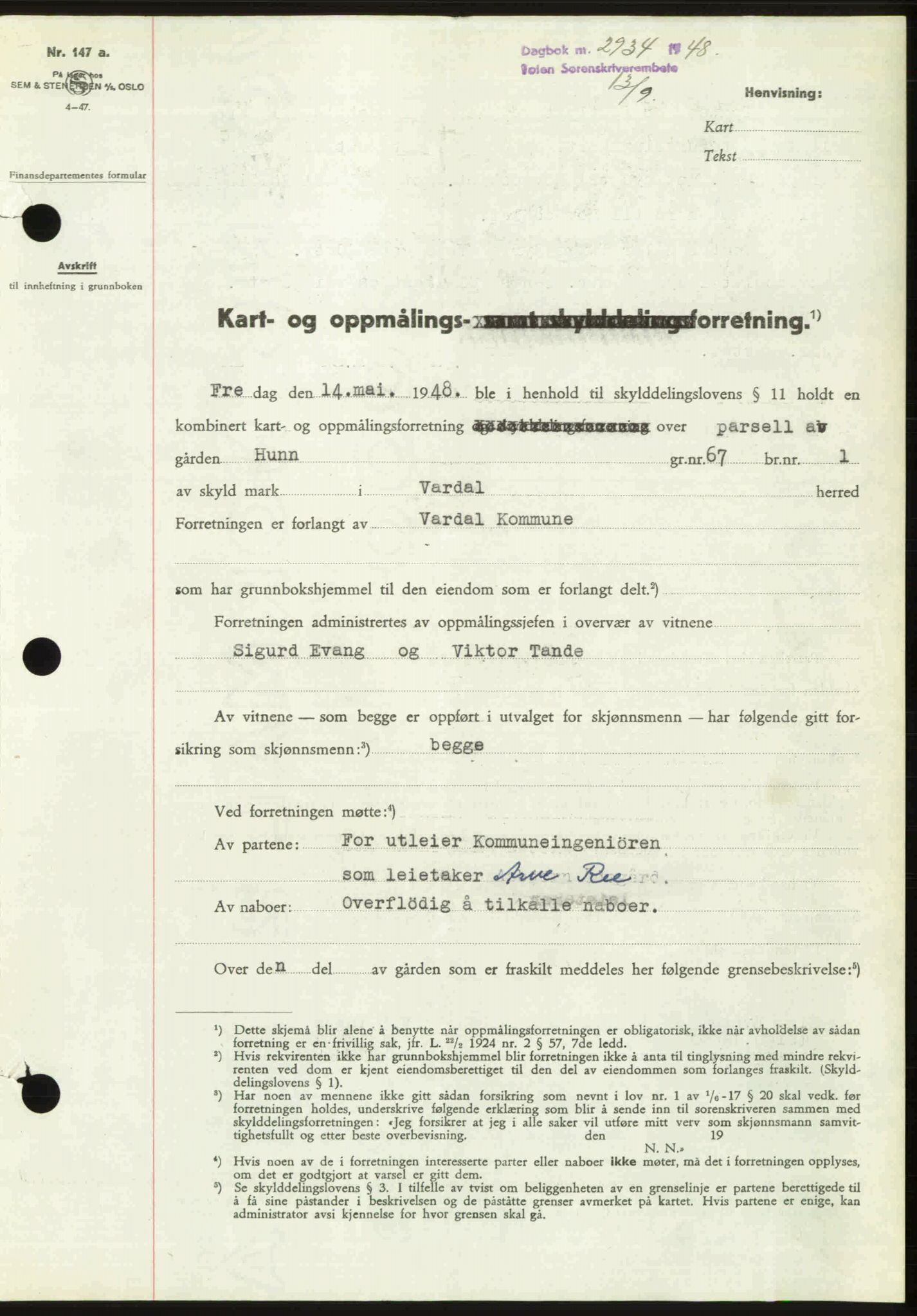 Toten tingrett, SAH/TING-006/H/Hb/Hbc/L0020: Mortgage book no. Hbc-20, 1948-1948, Diary no: : 2934/1948