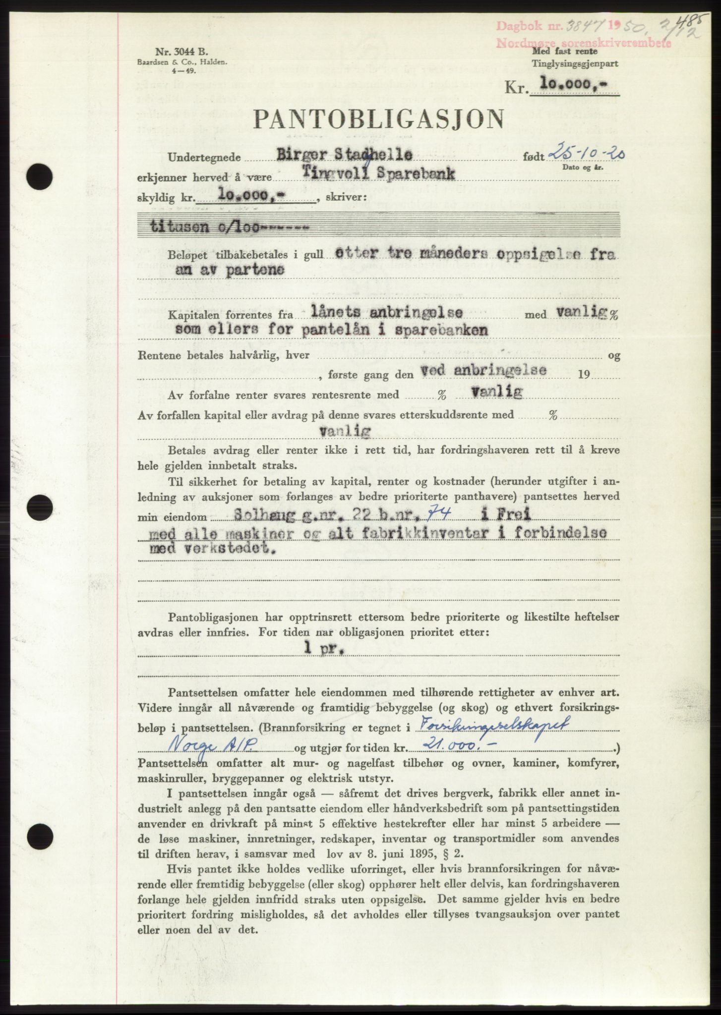 Nordmøre sorenskriveri, AV/SAT-A-4132/1/2/2Ca: Mortgage book no. B106, 1950-1950, Diary no: : 3847/1950