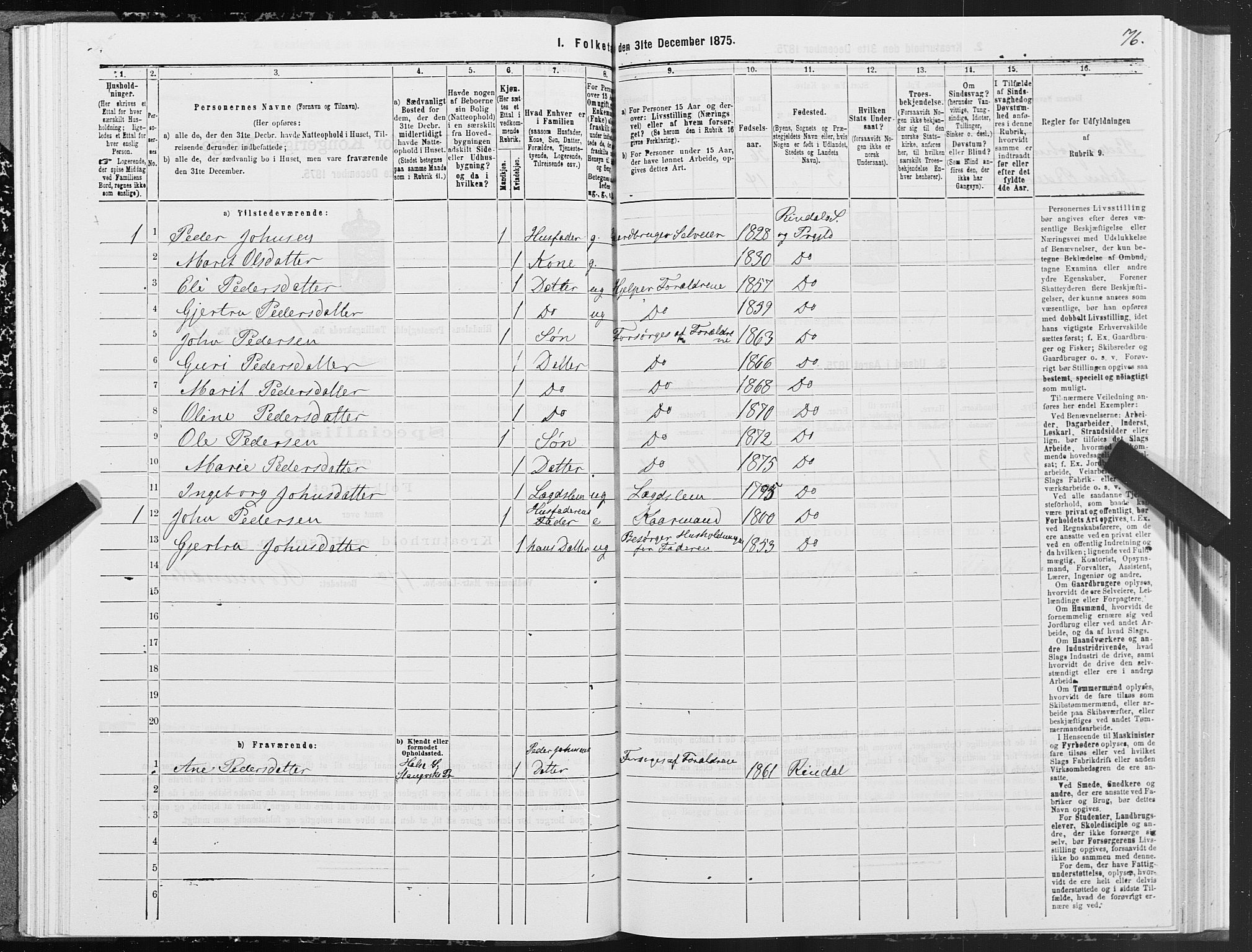 SAT, 1875 census for 1567P Rindal, 1875, p. 1076