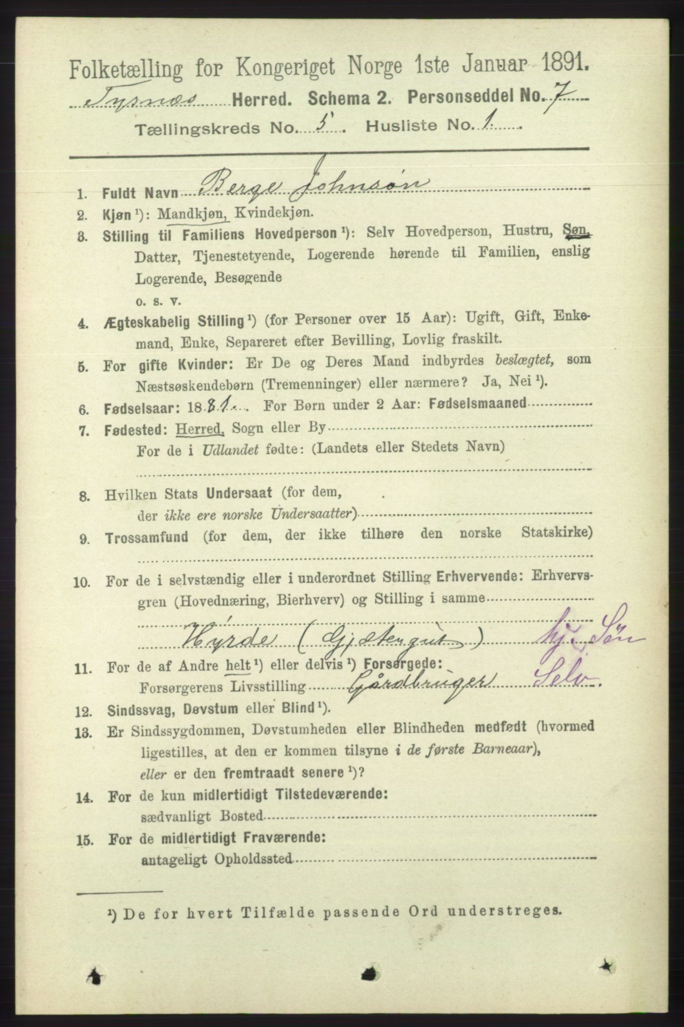 RA, 1891 census for 1223 Tysnes, 1891, p. 1908