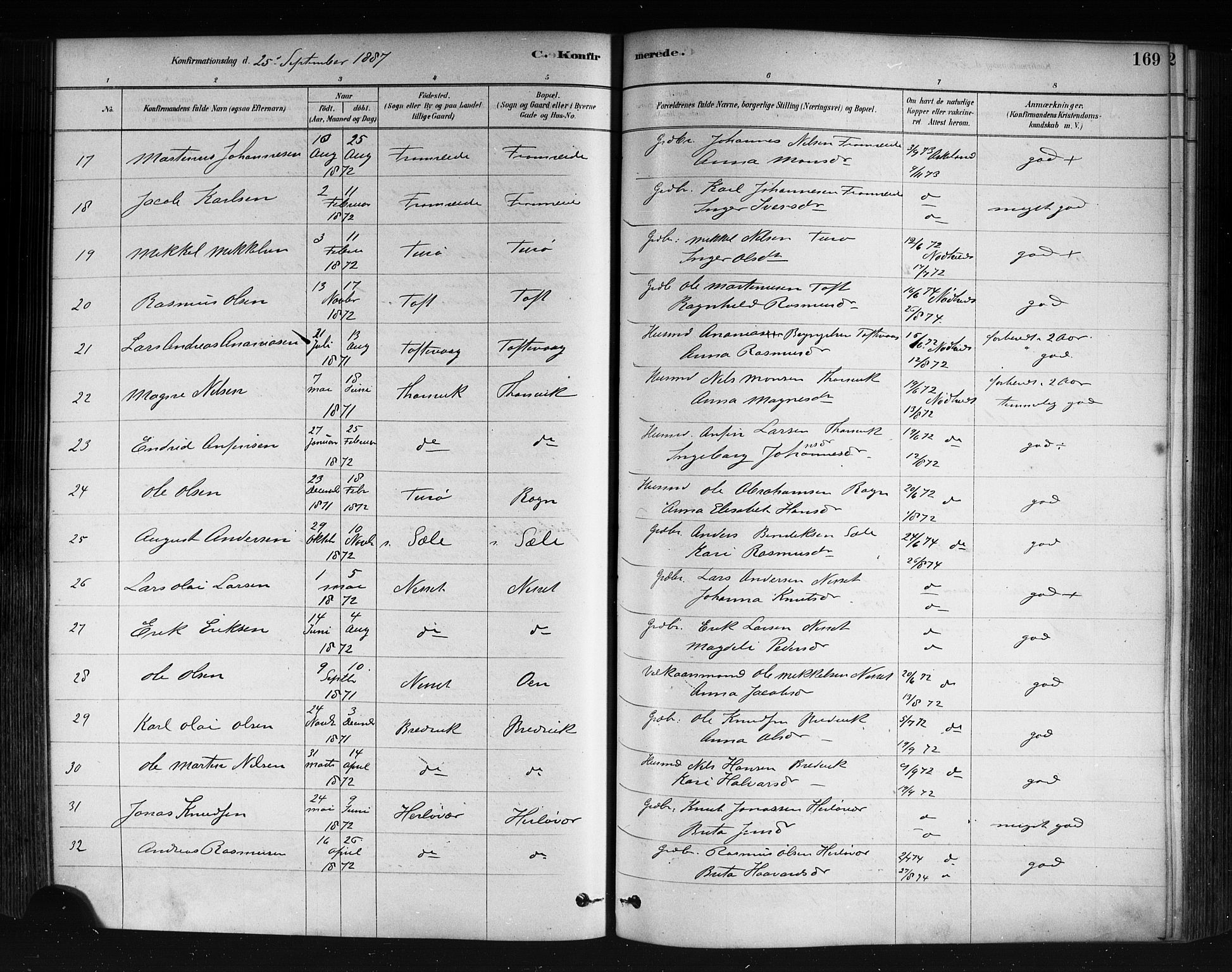 Herdla Sokneprestembete, AV/SAB-A-75701/H/Haa: Parish register (official) no. A 3, 1878-1890, p. 169