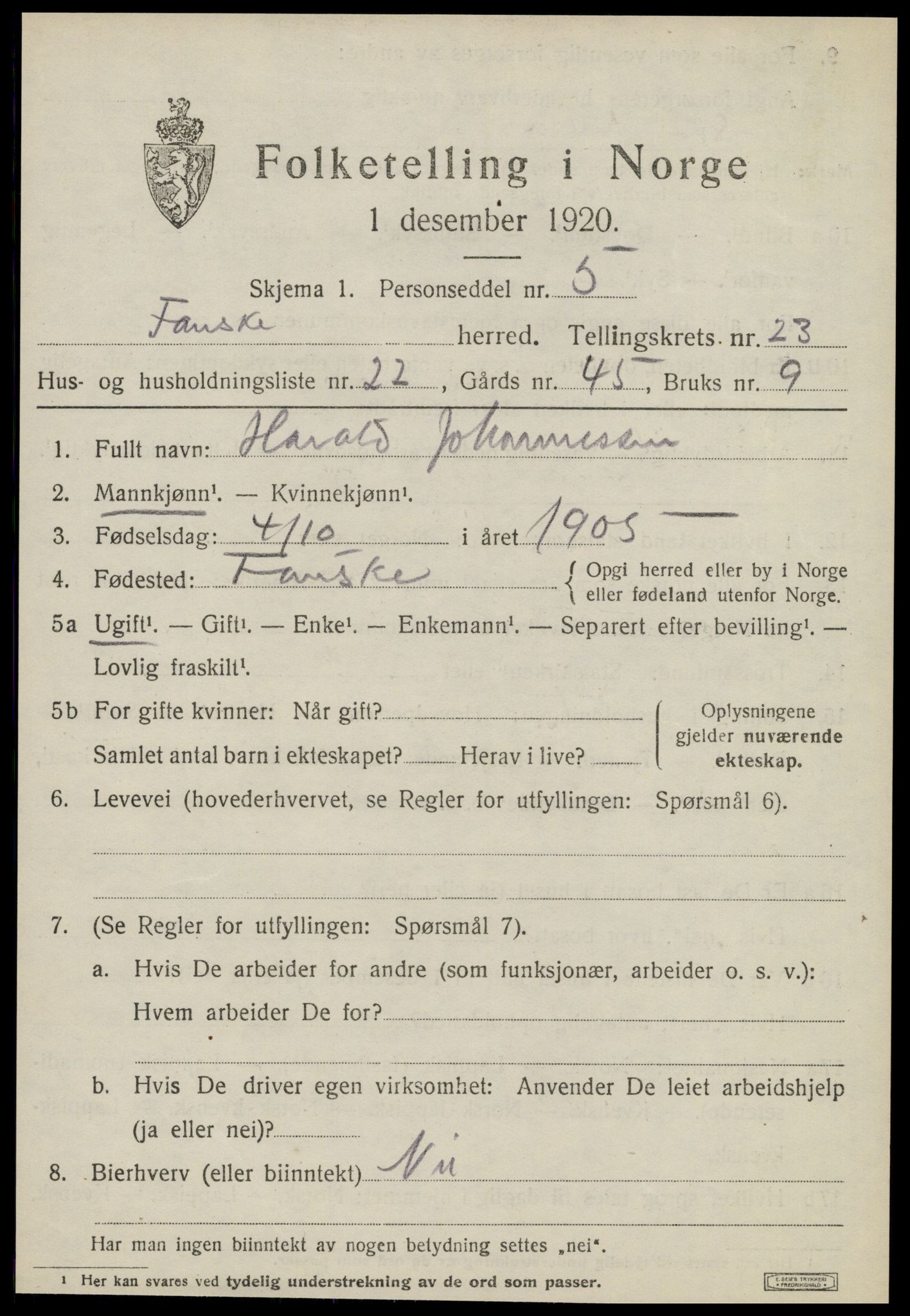 SAT, 1920 census for Fauske, 1920, p. 14552