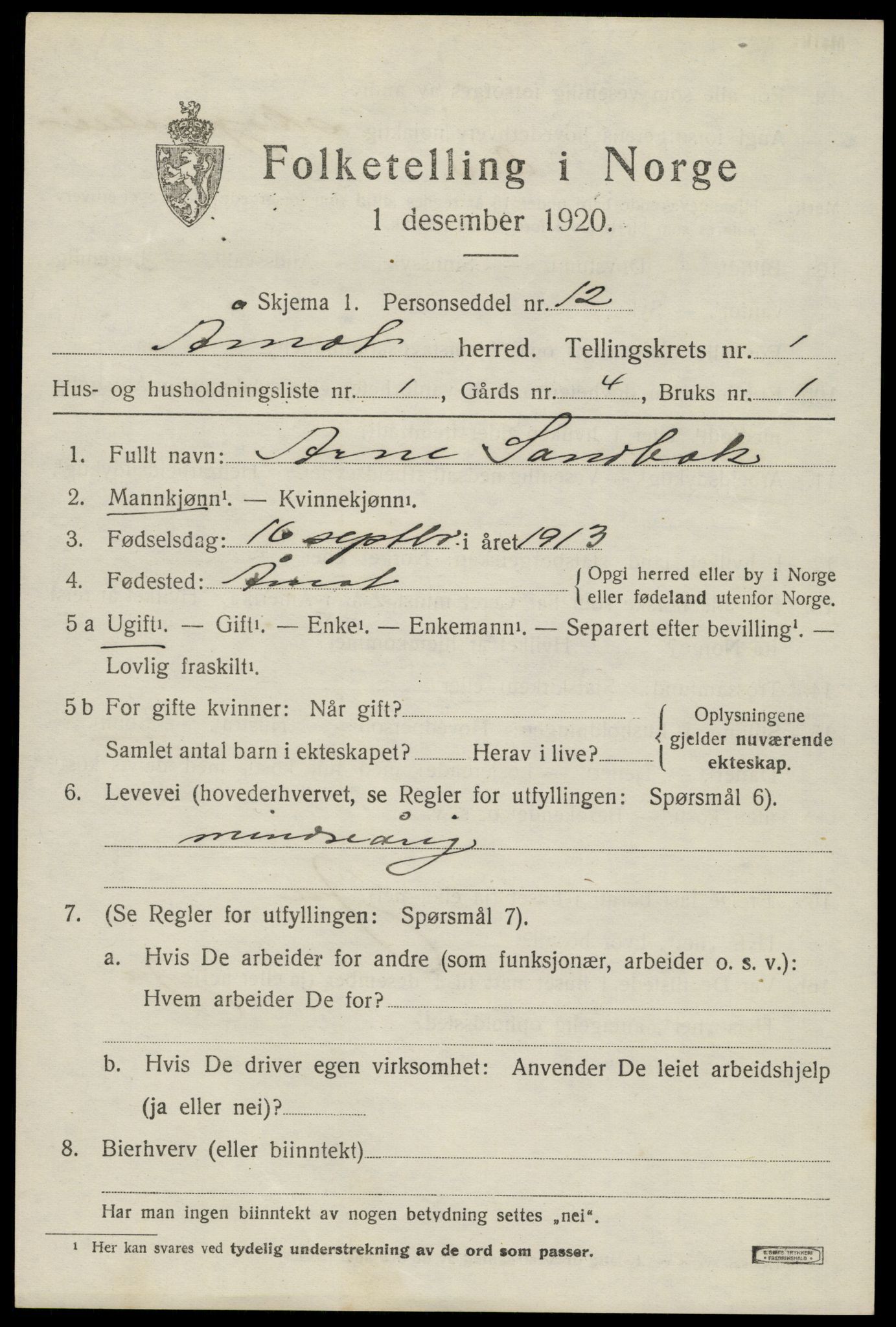 SAH, 1920 census for Åmot, 1920, p. 1609