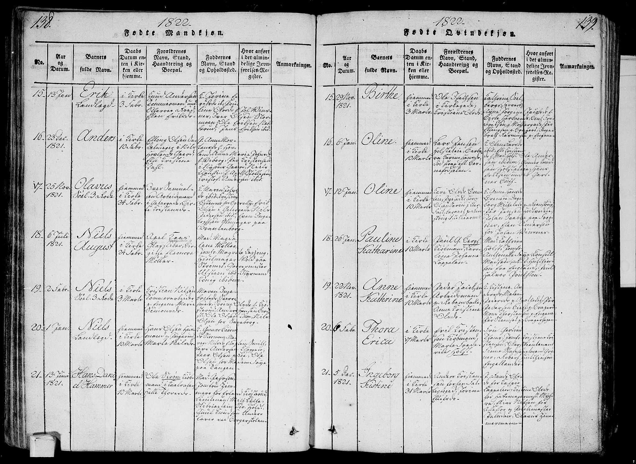Bragernes kirkebøker, AV/SAKO-A-6/G/Ga/L0001: Parish register (copy) no. 1, 1815-1829, p. 138-139