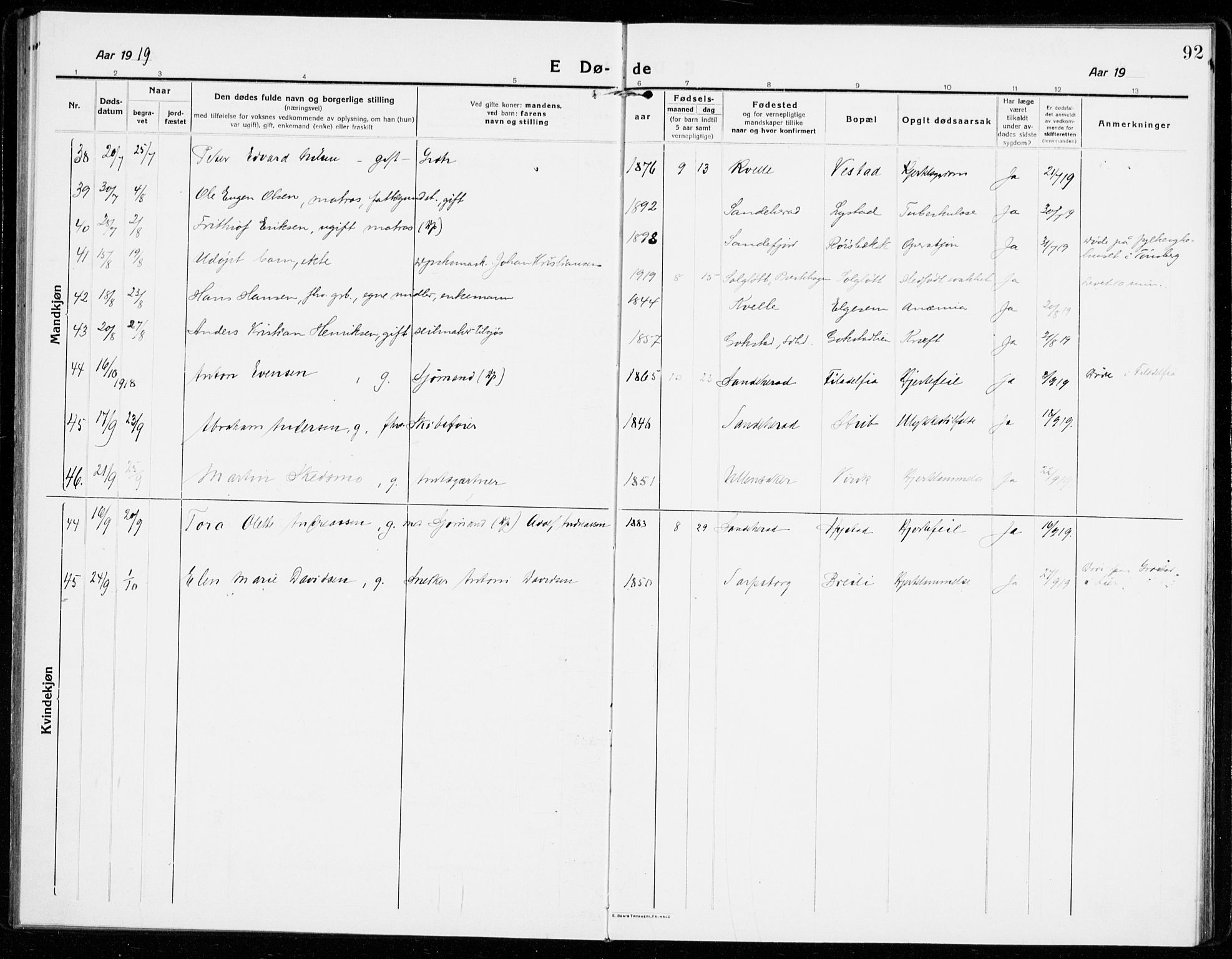 Sandar kirkebøker, SAKO/A-243/F/Fa/L0020: Parish register (official) no. 20, 1915-1919, p. 92