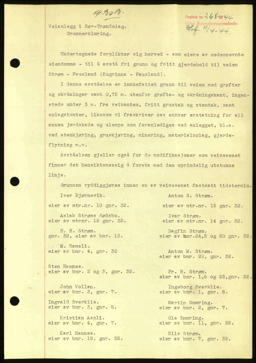 Hitra sorenskriveri, AV/SAT-A-0018/2/2C/2Ca: Mortgage book no. A2, 1943-1945, Diary no: : 268/1944