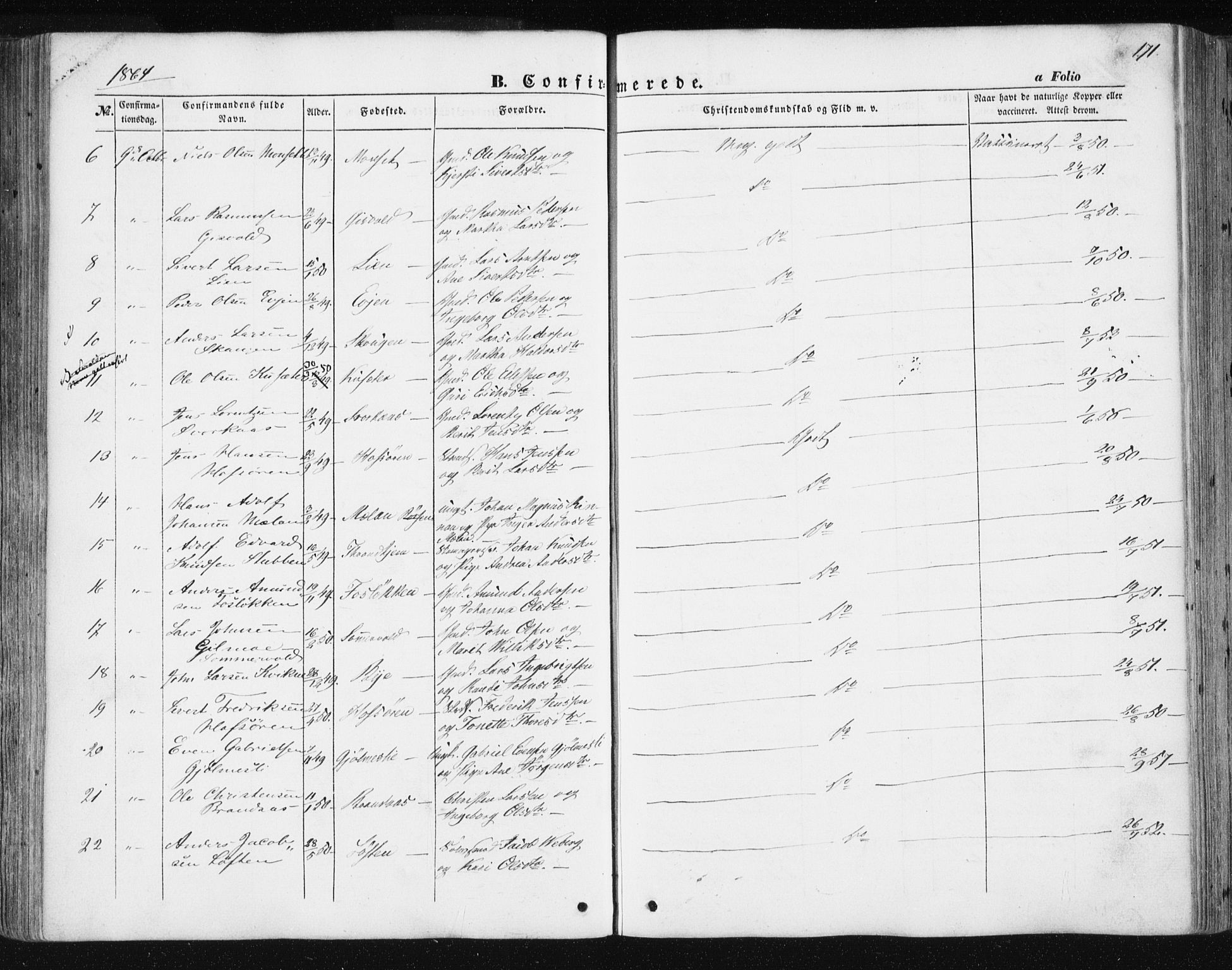 Ministerialprotokoller, klokkerbøker og fødselsregistre - Sør-Trøndelag, SAT/A-1456/668/L0806: Parish register (official) no. 668A06, 1854-1869, p. 171