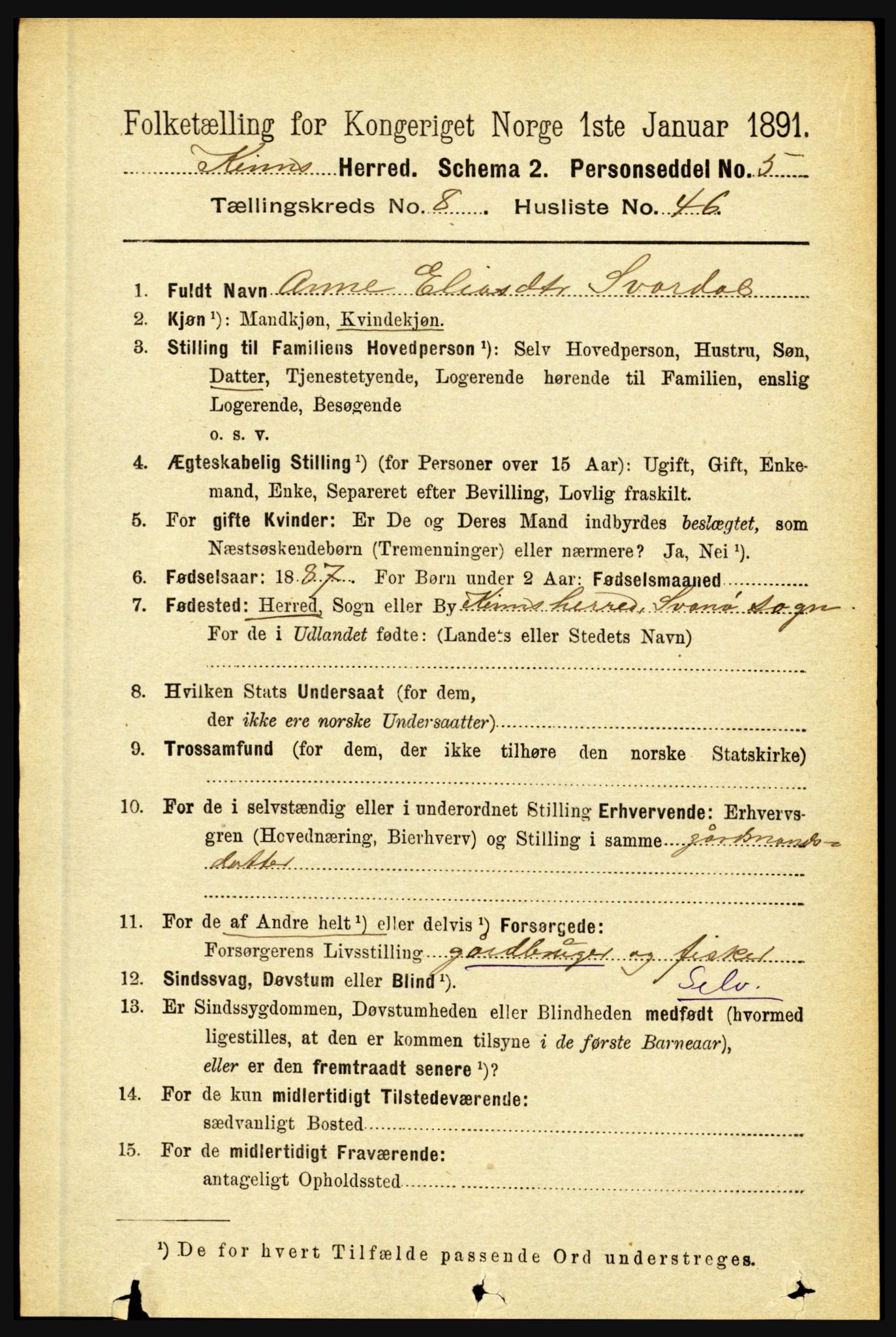 RA, 1891 census for 1437 Kinn, 1891, p. 3395