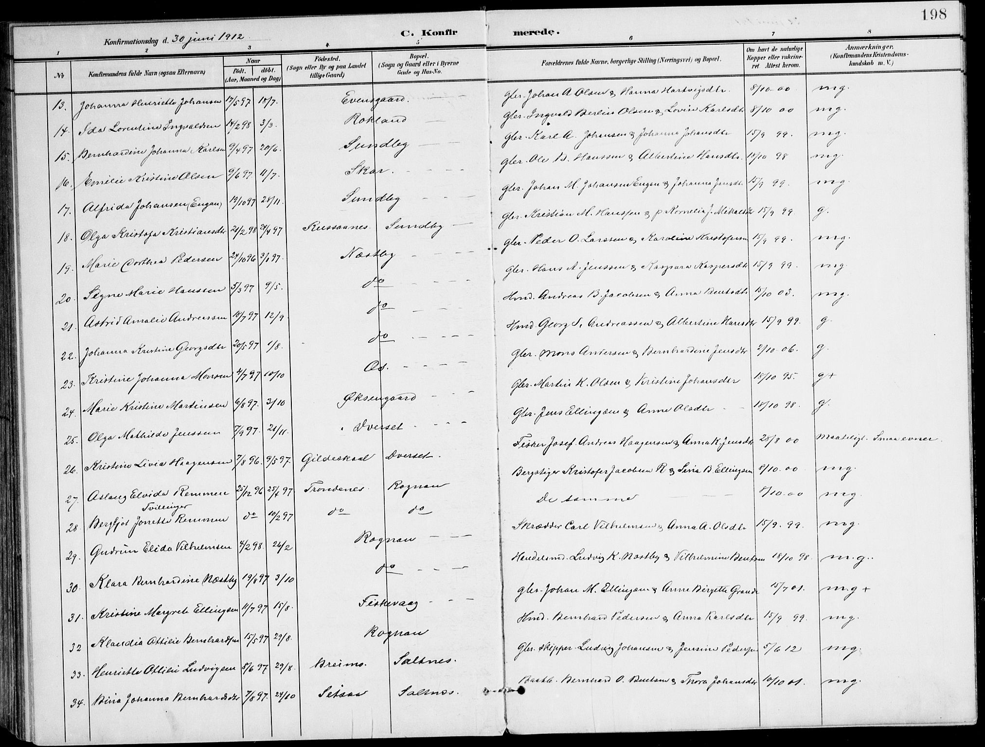 Ministerialprotokoller, klokkerbøker og fødselsregistre - Nordland, AV/SAT-A-1459/847/L0672: Parish register (official) no. 847A12, 1902-1919, p. 198