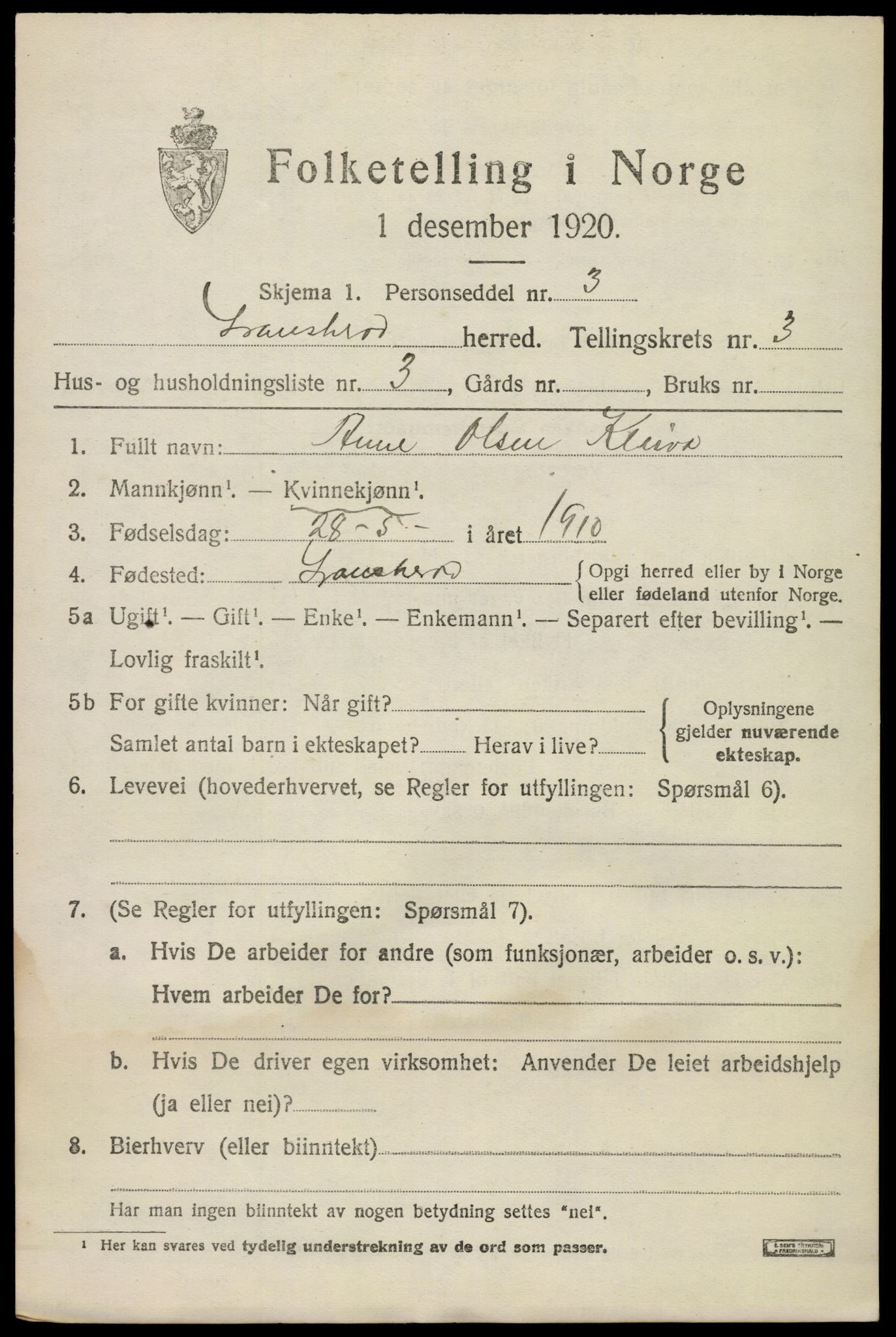 SAKO, 1920 census for Gransherad, 1920, p. 1430