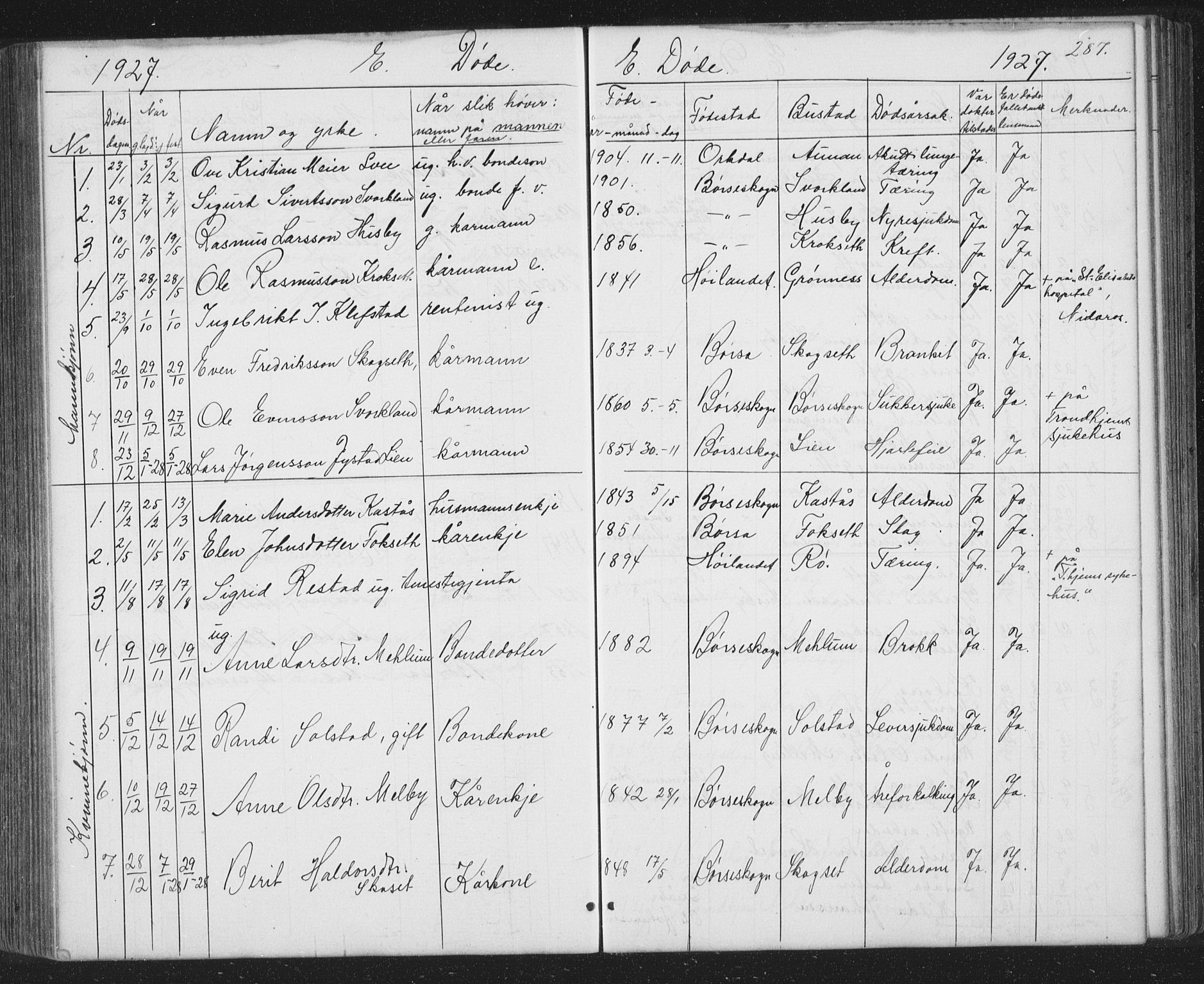 Ministerialprotokoller, klokkerbøker og fødselsregistre - Sør-Trøndelag, SAT/A-1456/667/L0798: Parish register (copy) no. 667C03, 1867-1929, p. 287