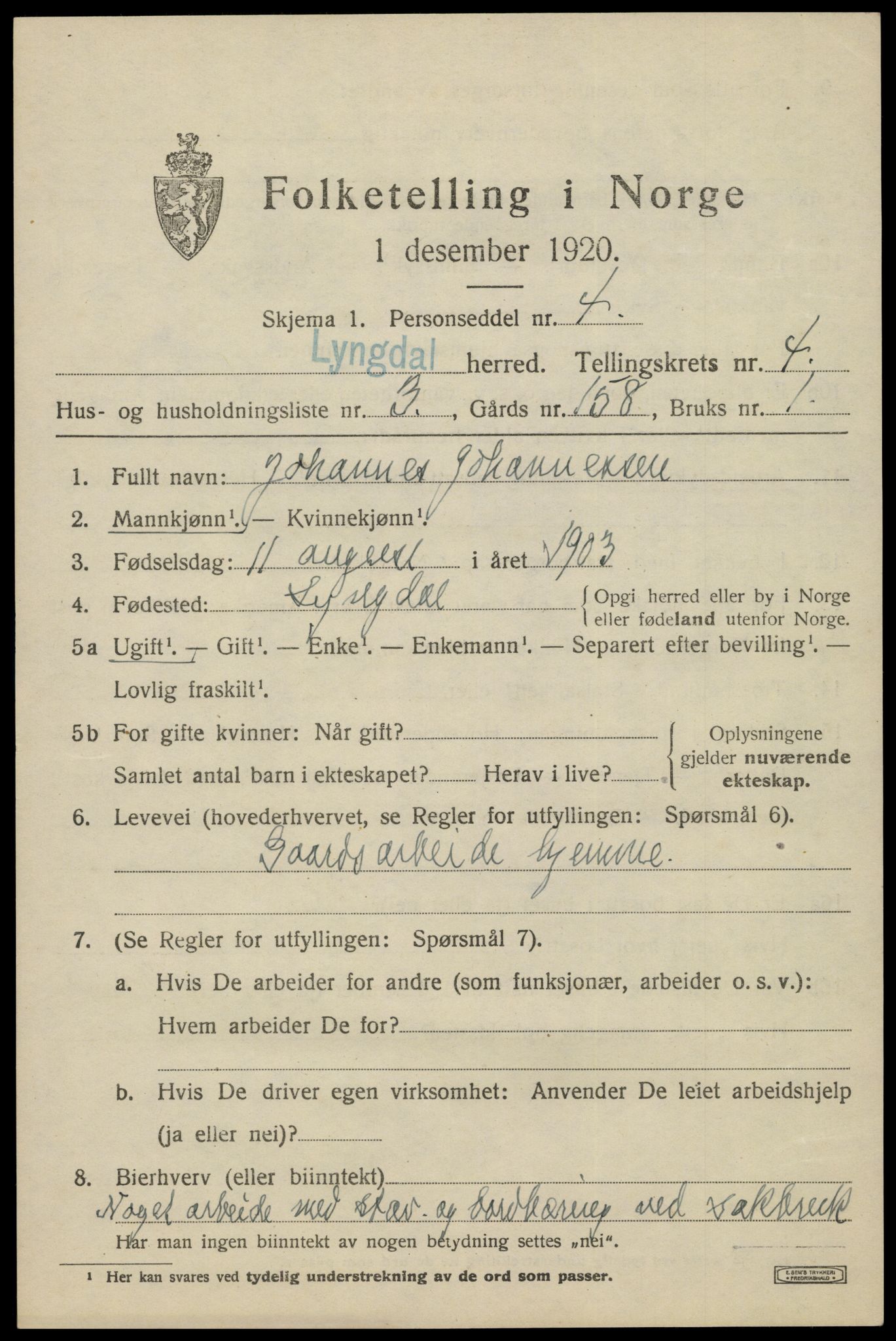 SAK, 1920 census for Lyngdal, 1920, p. 2411