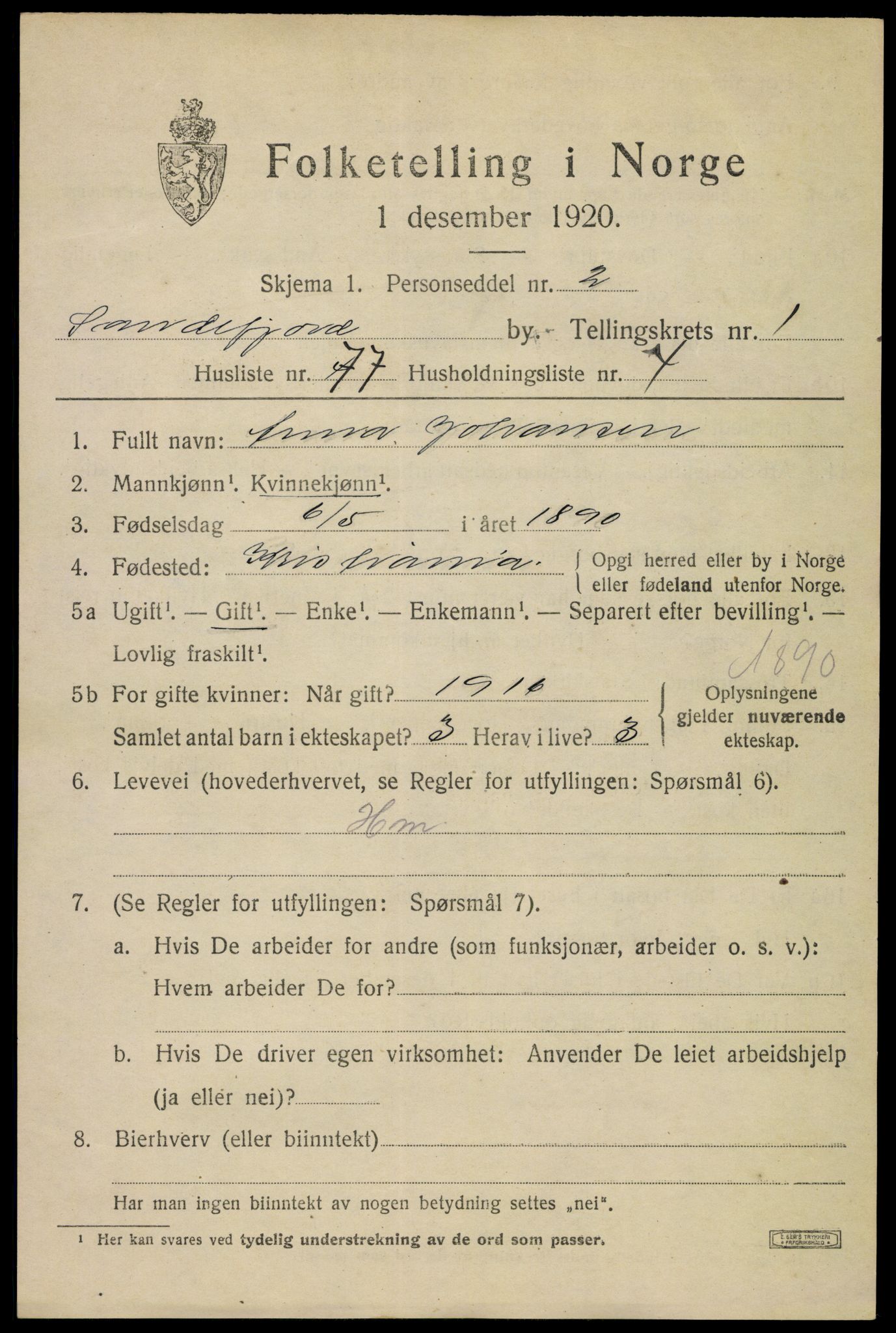 SAKO, 1920 census for Sandefjord, 1920, p. 5410