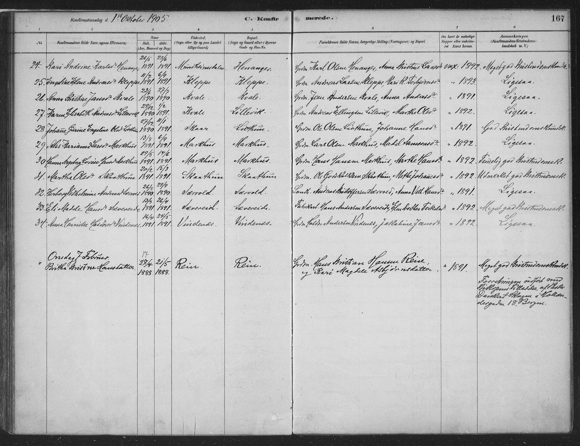 Fusa sokneprestembete, SAB/A-75401/H/Haa: Parish register (official) no. D 1, 1880-1938, p. 167