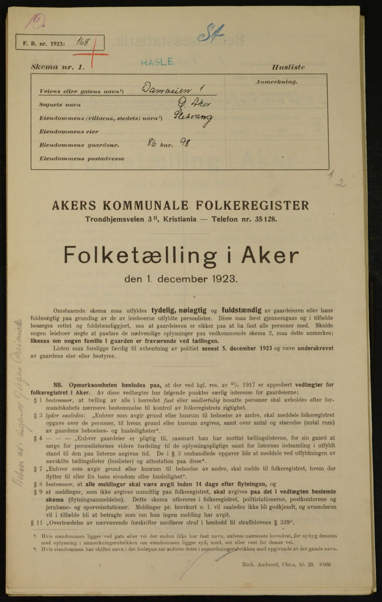 , Municipal Census 1923 for Aker, 1923, p. 23266