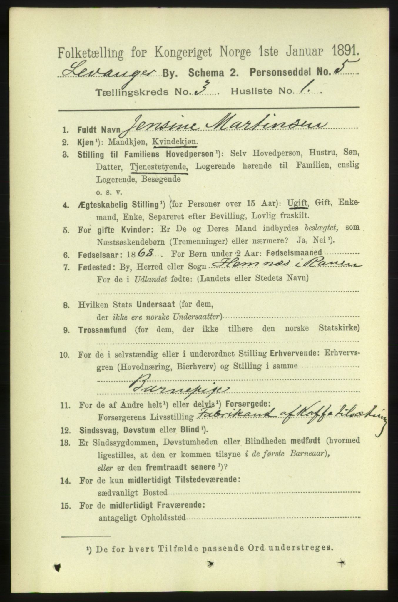 RA, 1891 census for 1701 Levanger, 1891, p. 954