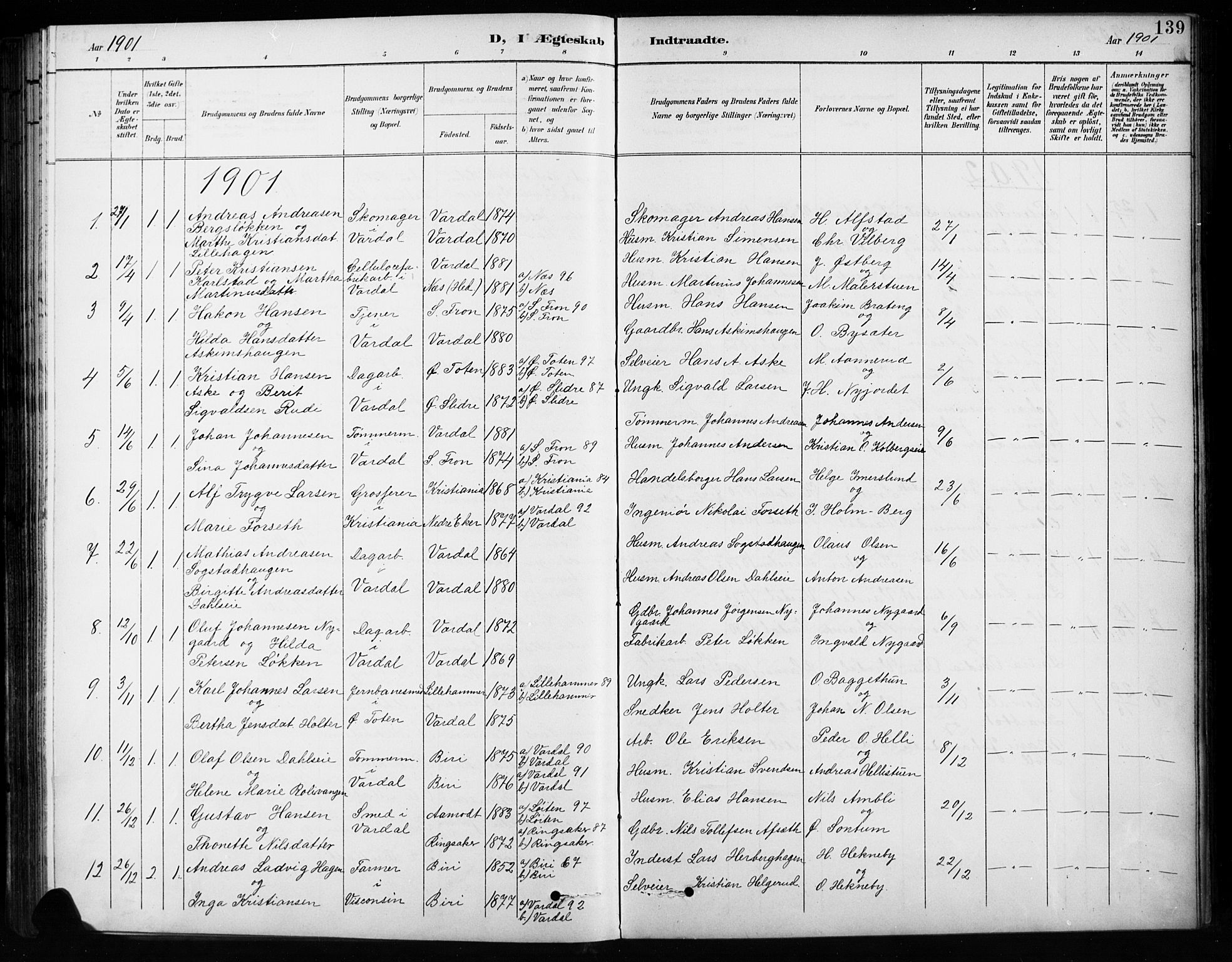 Vardal prestekontor, SAH/PREST-100/H/Ha/Hab/L0010: Parish register (copy) no. 10, 1895-1903, p. 139
