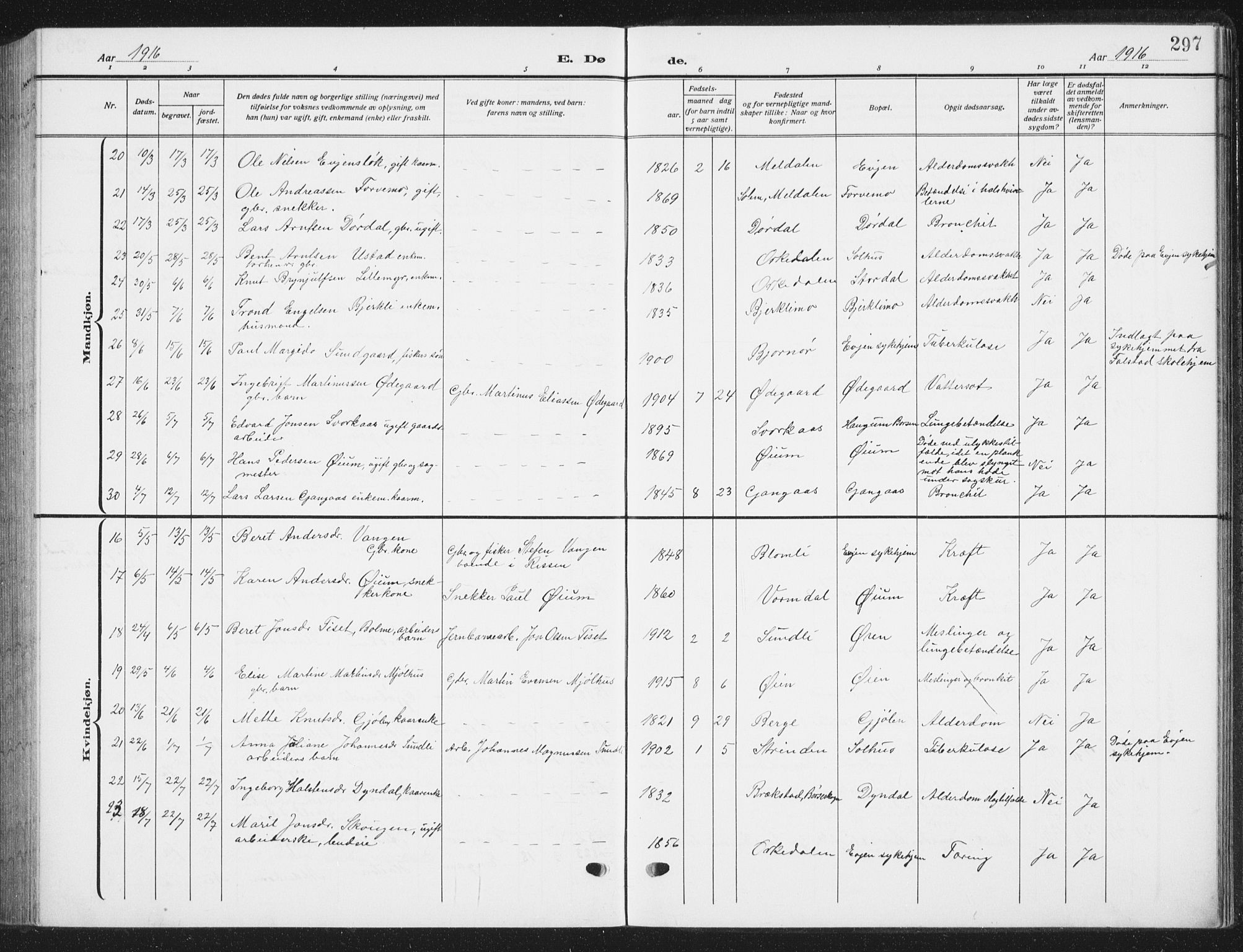 Ministerialprotokoller, klokkerbøker og fødselsregistre - Sør-Trøndelag, SAT/A-1456/668/L0820: Parish register (copy) no. 668C09, 1912-1936, p. 297