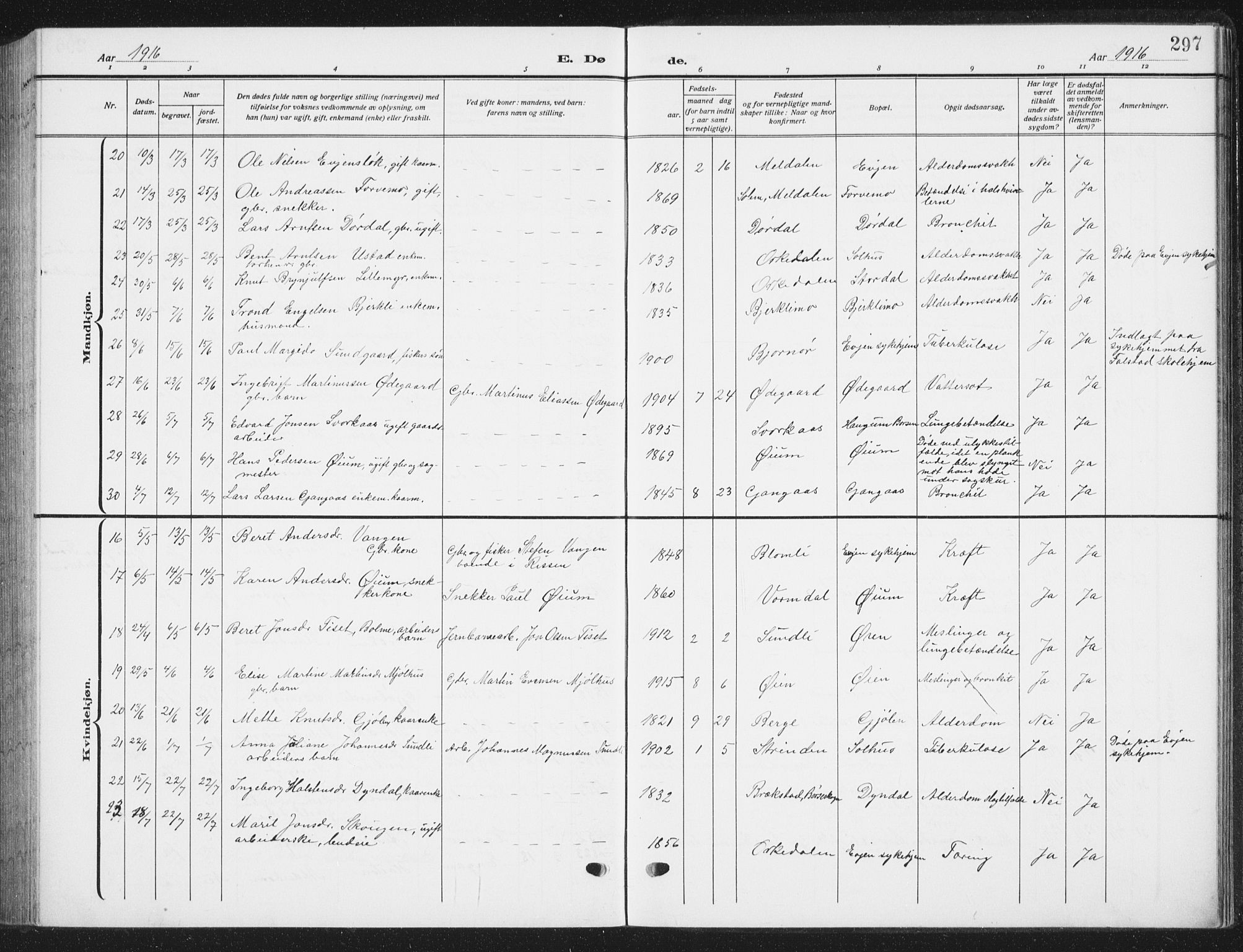 Ministerialprotokoller, klokkerbøker og fødselsregistre - Sør-Trøndelag, AV/SAT-A-1456/668/L0820: Parish register (copy) no. 668C09, 1912-1936, p. 297