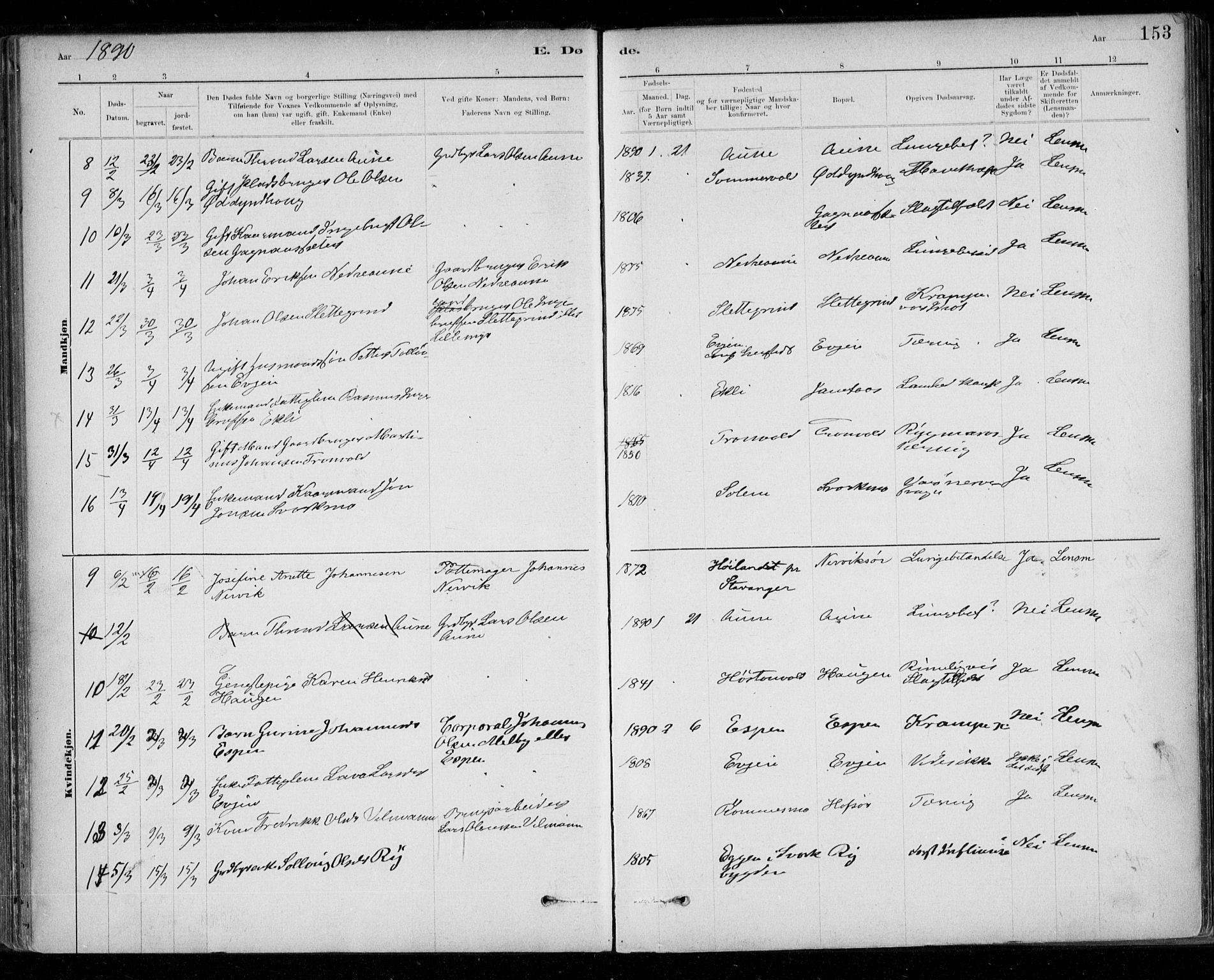 Ministerialprotokoller, klokkerbøker og fødselsregistre - Sør-Trøndelag, AV/SAT-A-1456/668/L0810: Parish register (official) no. 668A10, 1881-1894, p. 153