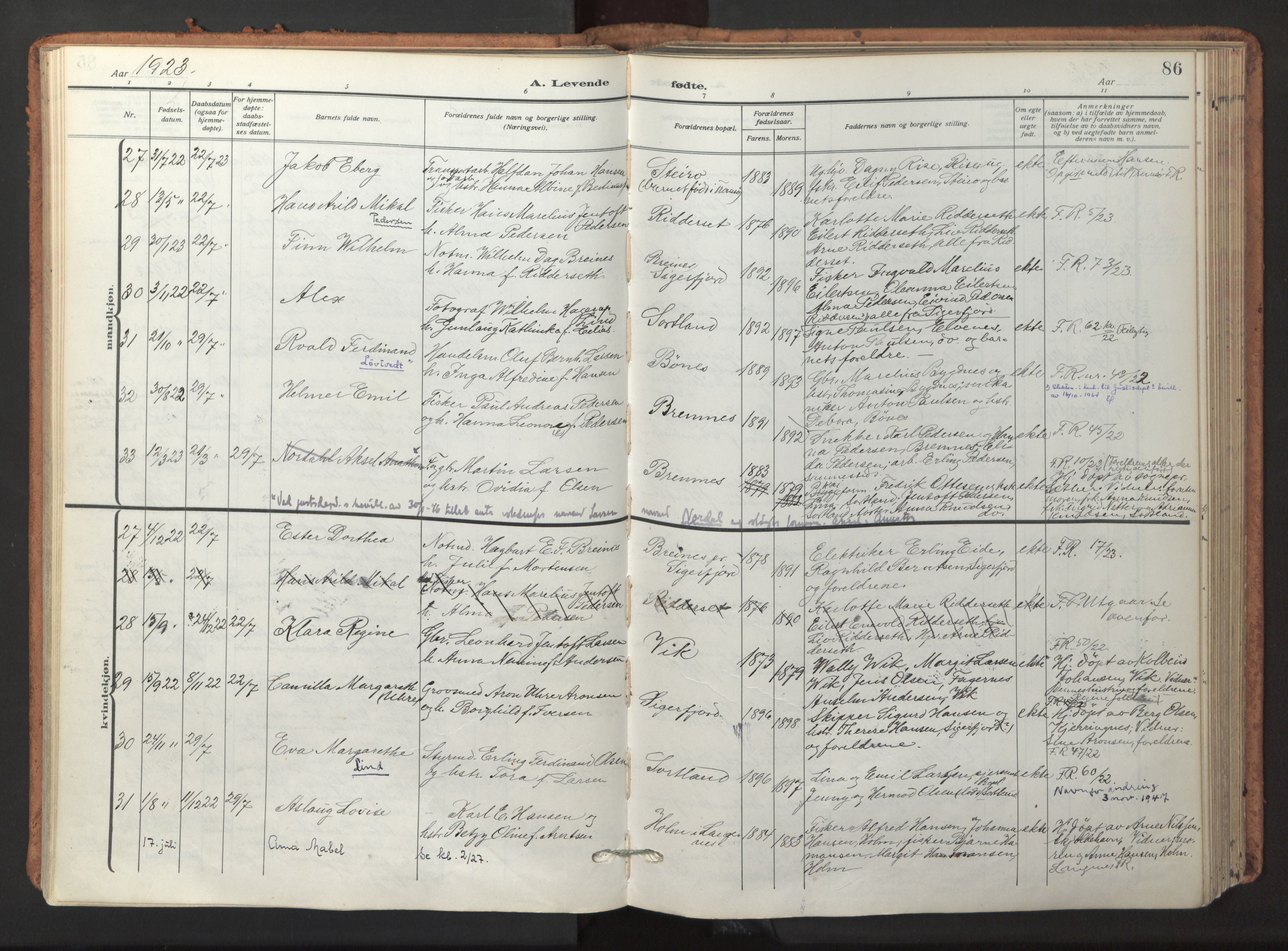 Ministerialprotokoller, klokkerbøker og fødselsregistre - Nordland, SAT/A-1459/895/L1374: Parish register (official) no. 895A09, 1915-1925, p. 86