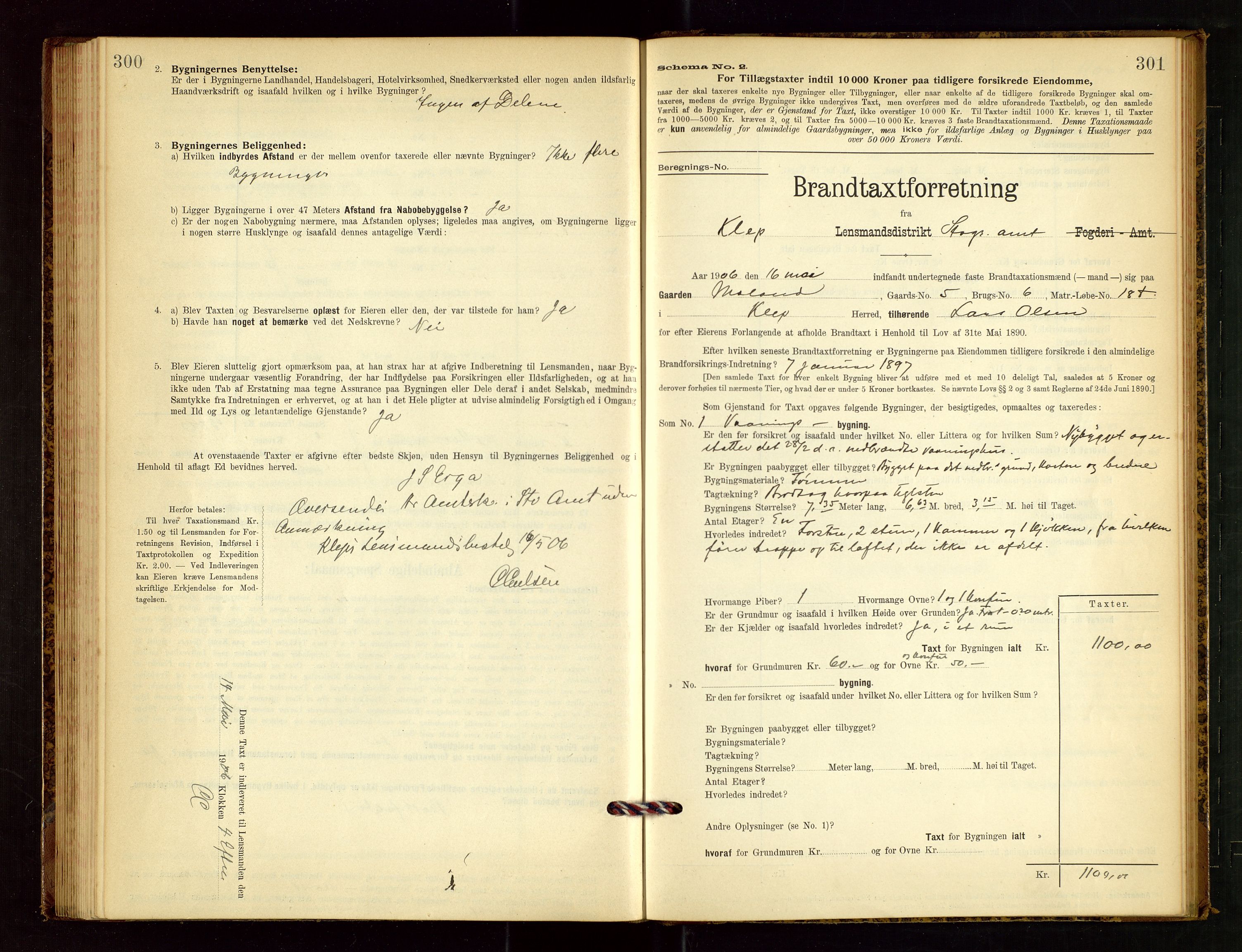 Klepp lensmannskontor, AV/SAST-A-100163/Goc/L0003: "Brandtaxationsprotokol" m/register, 1902-1907, p. 300-301