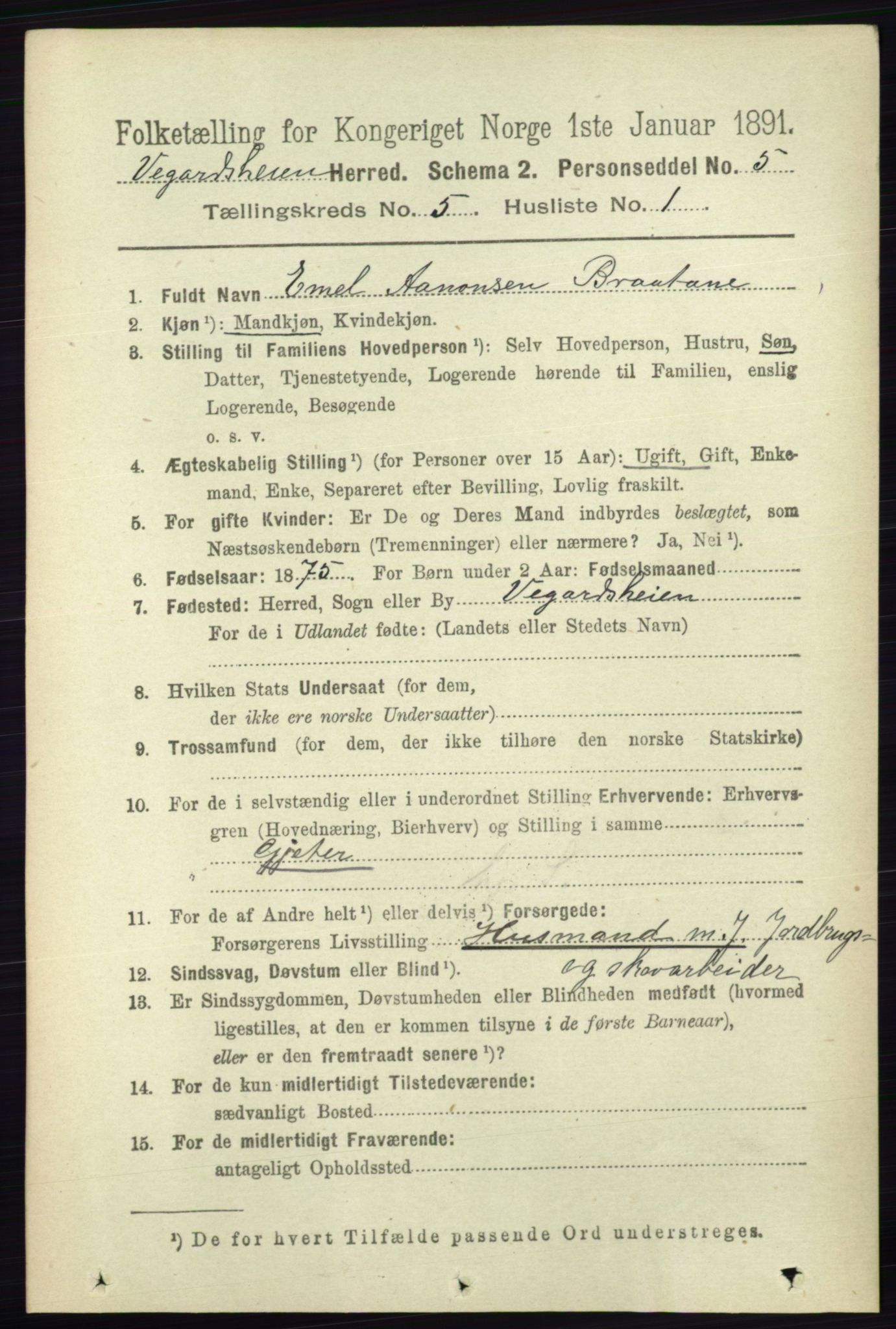 RA, 1891 census for 0912 Vegårshei, 1891, p. 973