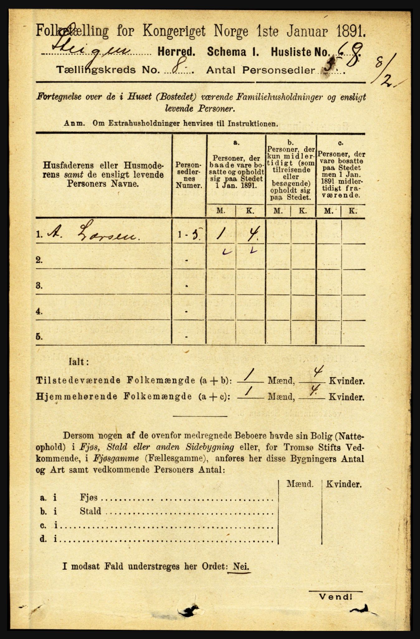 RA, 1891 census for 1848 Steigen, 1891, p. 2603