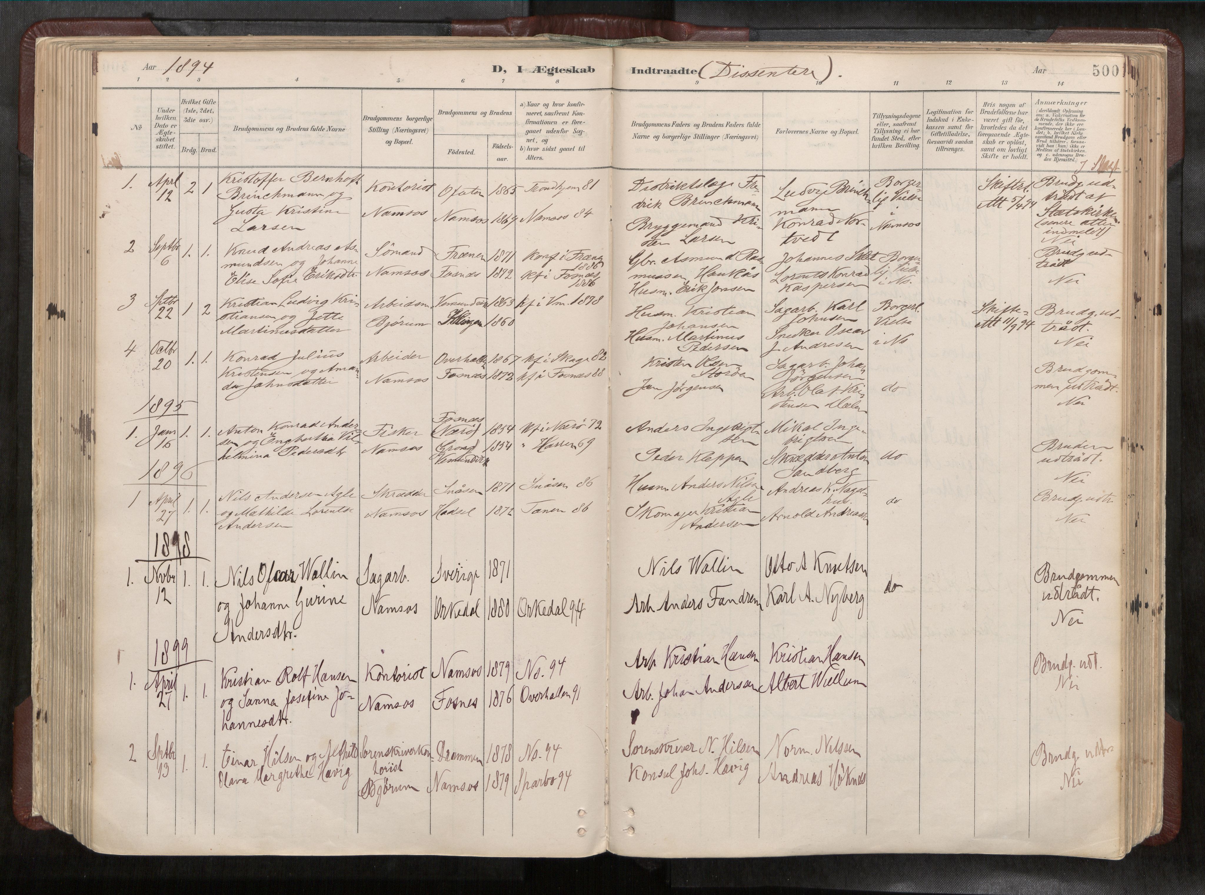 Ministerialprotokoller, klokkerbøker og fødselsregistre - Nord-Trøndelag, SAT/A-1458/768/L0579a: Parish register (official) no. 768A14, 1887-1931, p. 500