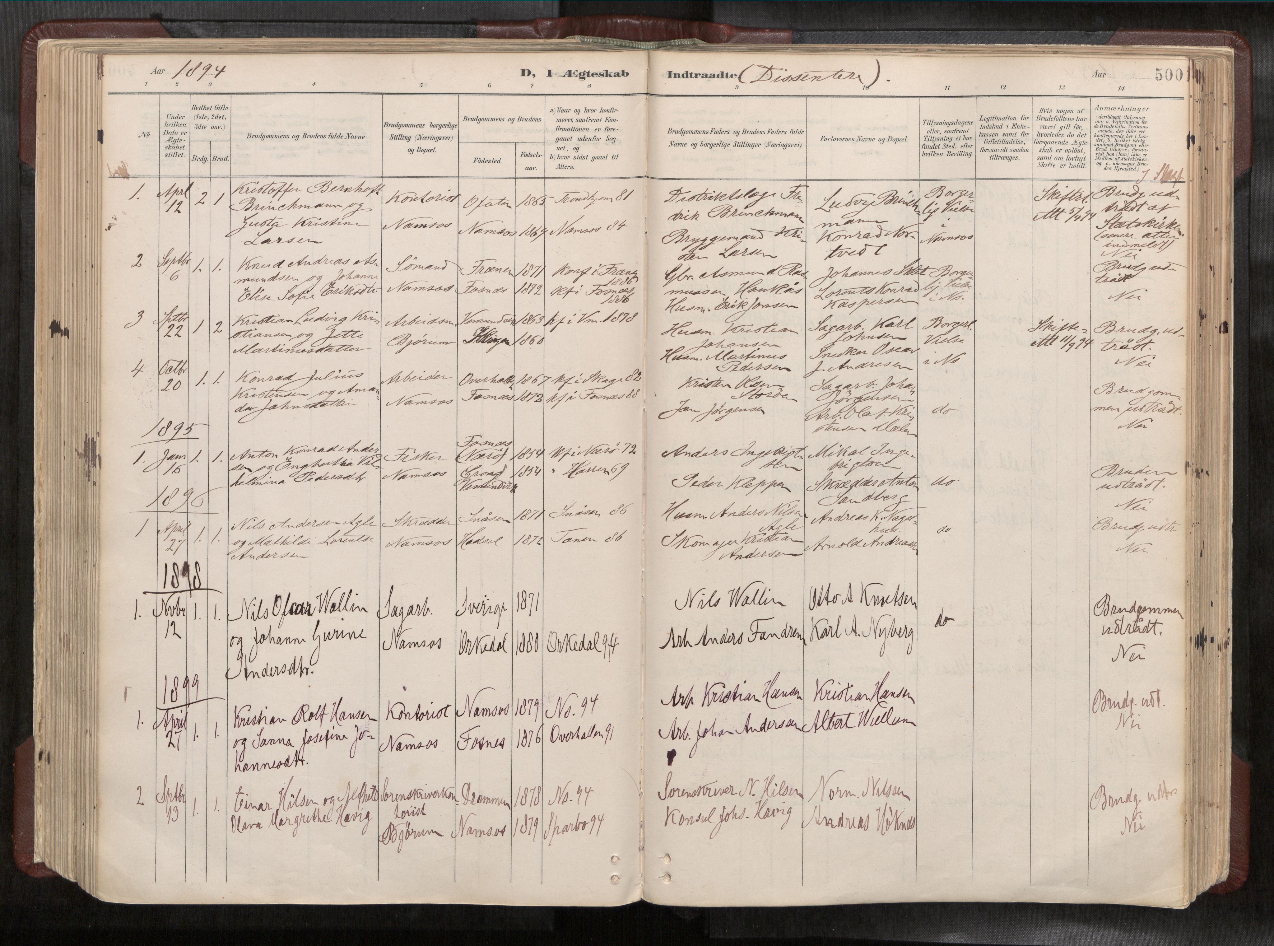 Ministerialprotokoller, klokkerbøker og fødselsregistre - Nord-Trøndelag, AV/SAT-A-1458/768/L0579a: Parish register (official) no. 768A14, 1887-1931, p. 500