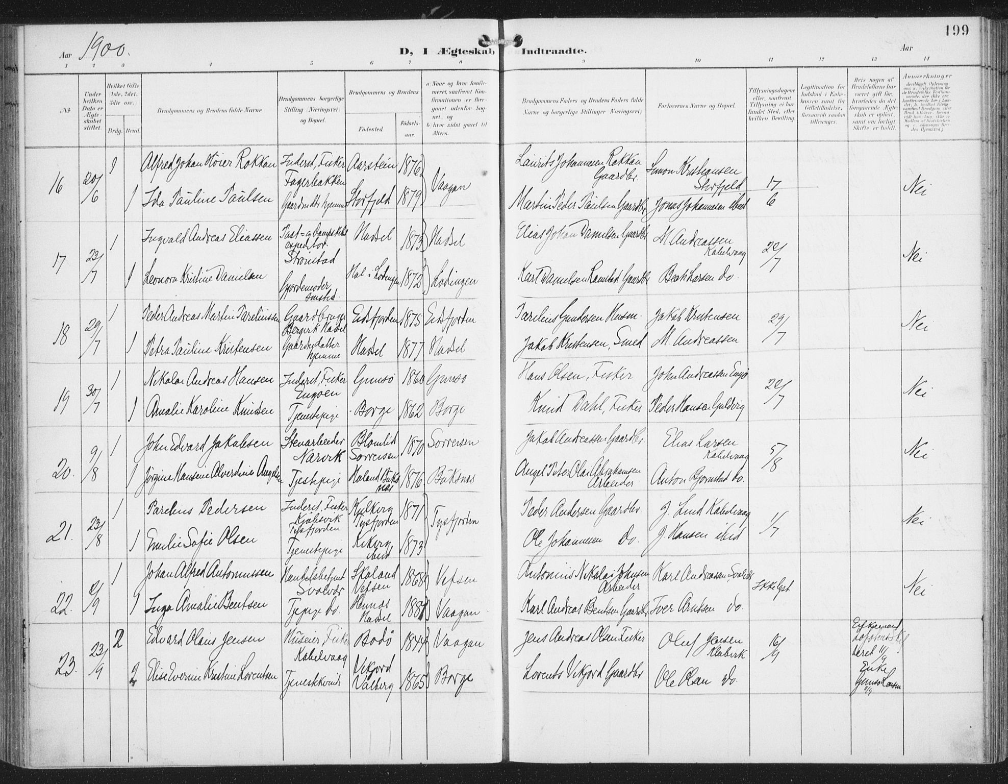 Ministerialprotokoller, klokkerbøker og fødselsregistre - Nordland, AV/SAT-A-1459/874/L1062: Parish register (official) no. 874A06, 1899-1907, p. 199