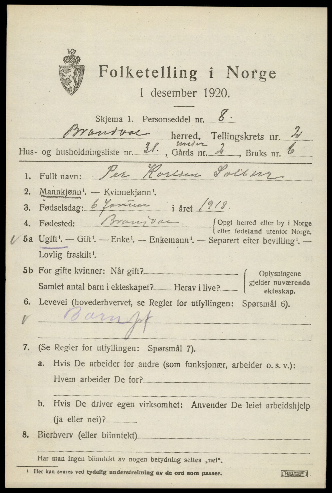 SAH, 1920 census for Brandval, 1920, p. 2490