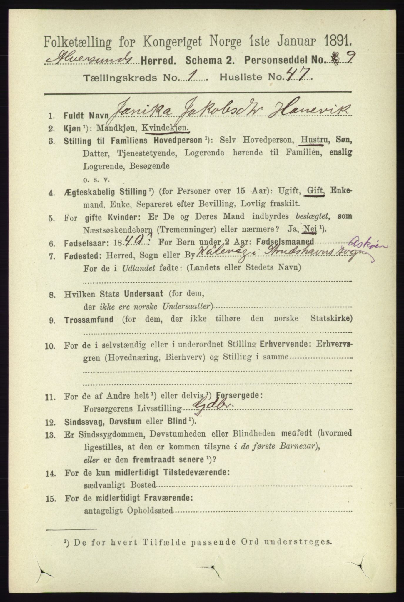 RA, 1891 census for 1257 Alversund, 1891, p. 374