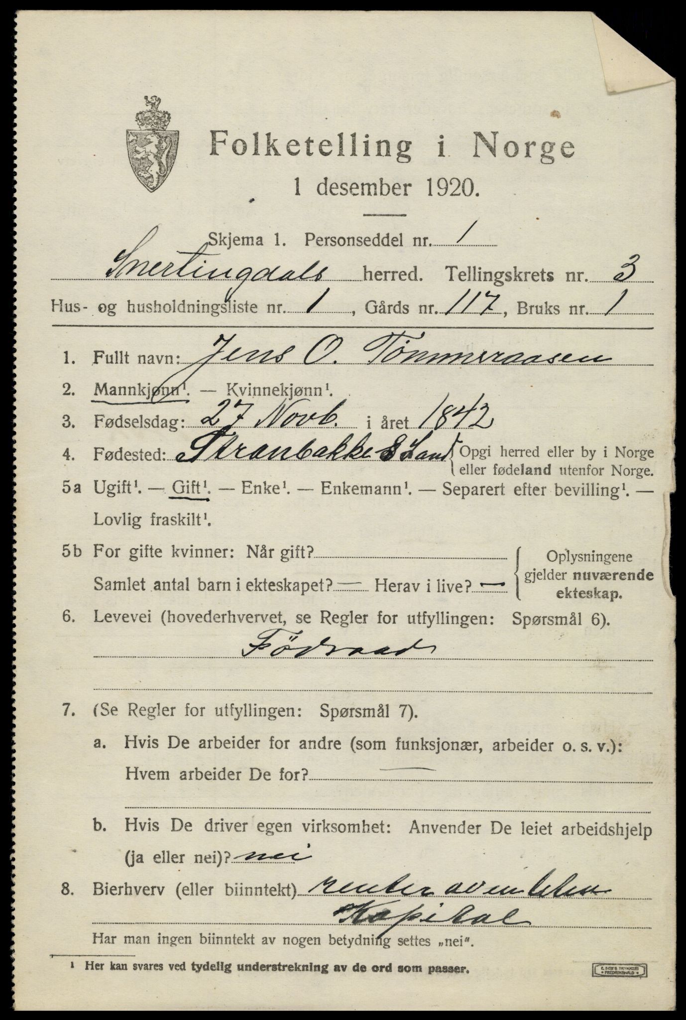 SAH, 1920 census for Snertingdal, 1920, p. 2597