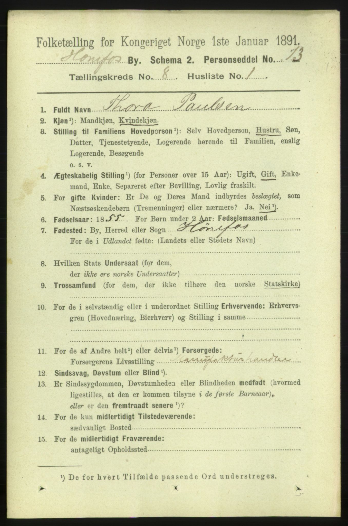 RA, 1891 census for 0601 Hønefoss, 1891, p. 1258