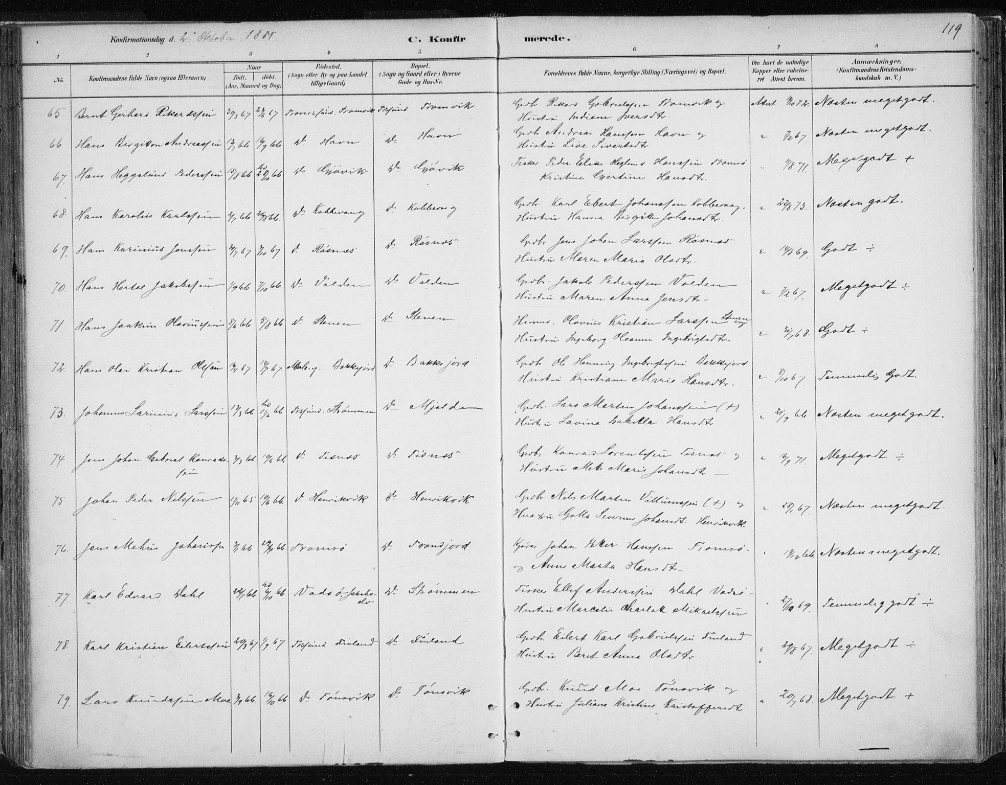 Tromsøysund sokneprestkontor, AV/SATØ-S-1304/G/Ga/L0004kirke: Parish register (official) no. 4, 1880-1888, p. 119