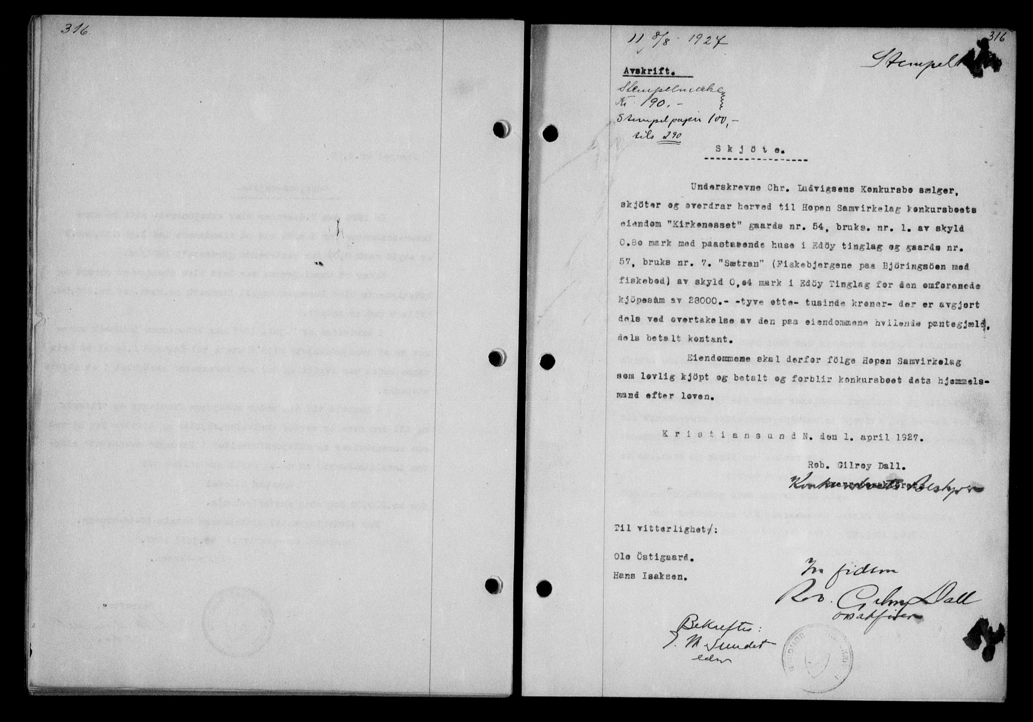 Nordmøre sorenskriveri, AV/SAT-A-4132/1/2/2Ca/L0062: Mortgage book no. 52, 1927-1927, Deed date: 08.08.1927