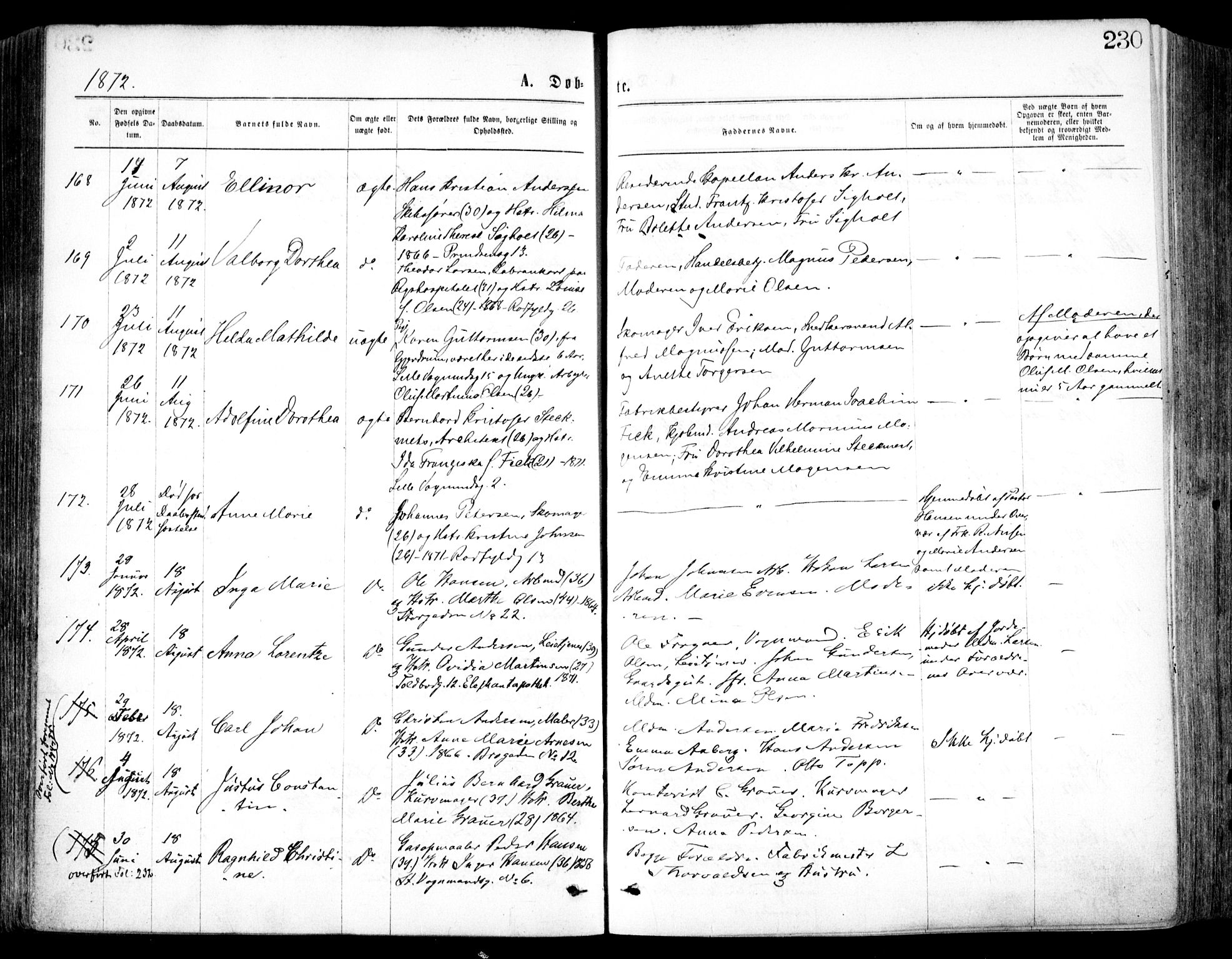 Oslo domkirke Kirkebøker, SAO/A-10752/F/Fa/L0017: Parish register (official) no. 17, 1869-1878, p. 230