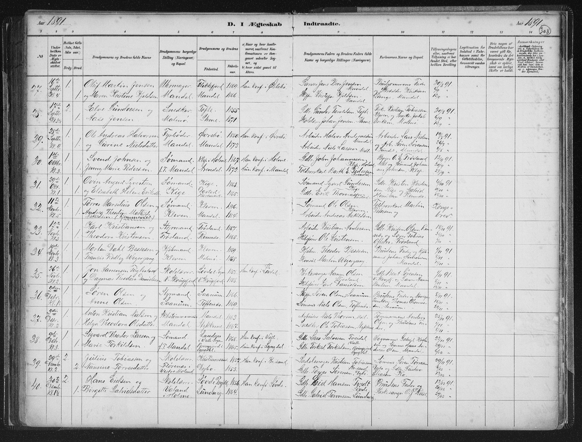 Mandal sokneprestkontor, AV/SAK-1111-0030/F/Fb/Fba/L0011: Parish register (copy) no. B 5, 1880-1898, p. 308