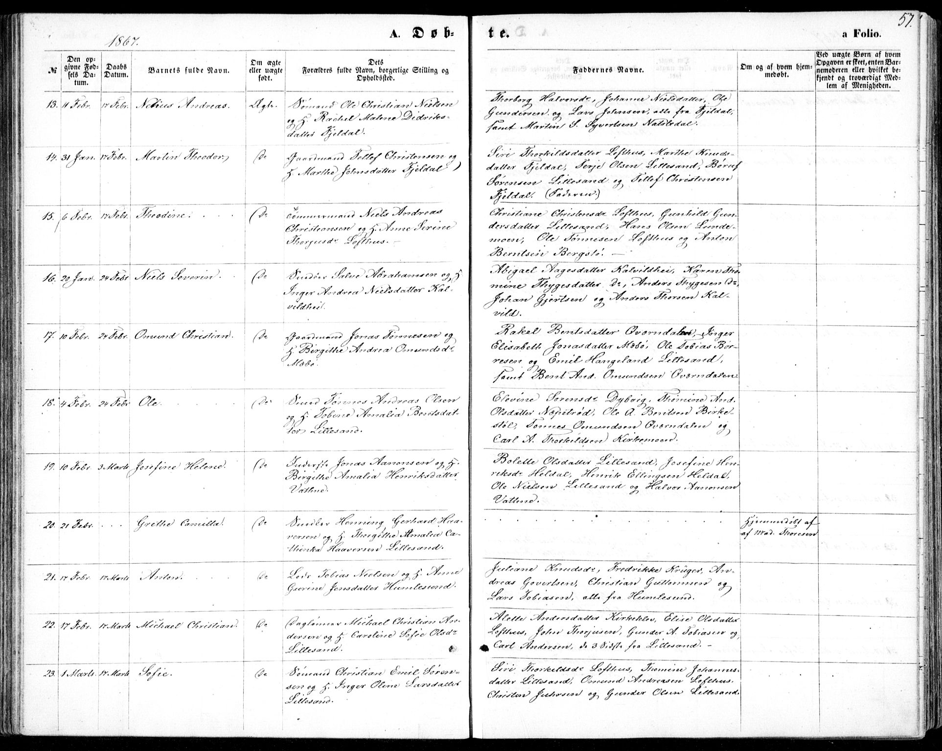 Vestre Moland sokneprestkontor, AV/SAK-1111-0046/F/Fb/Fbb/L0004: Parish register (copy) no. B 4, 1861-1872, p. 57