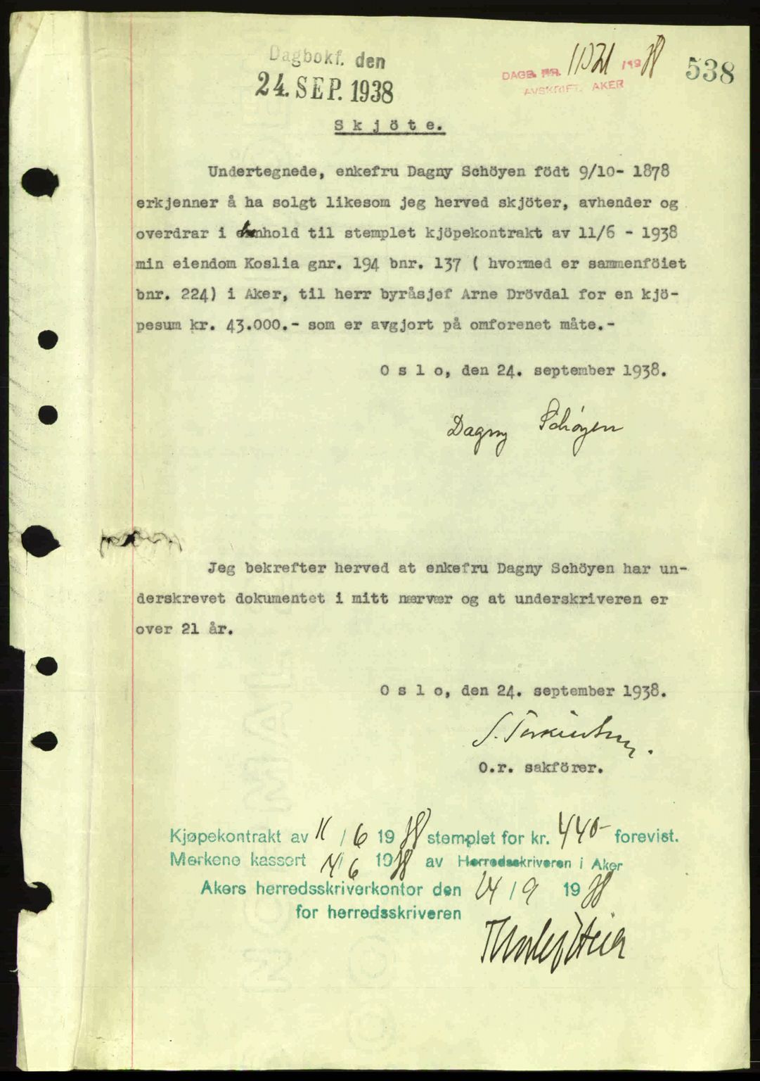 Aker herredsskriveri, SAO/A-10896/G/Gb/Gba/Gbab/L0025: Mortgage book no. A154-155, 1938-1938, Diary no: : 11321/1938