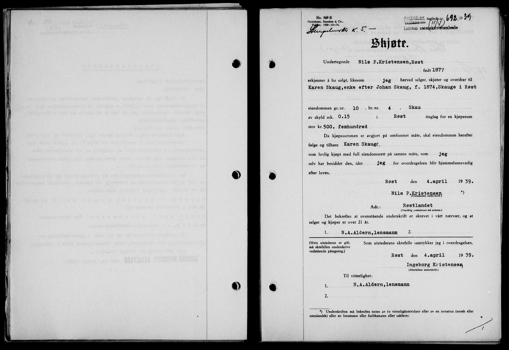 Lofoten sorenskriveri, SAT/A-0017/1/2/2C/L0005a: Mortgage book no. 5a, 1939-1939, Diary no: : 692/1939