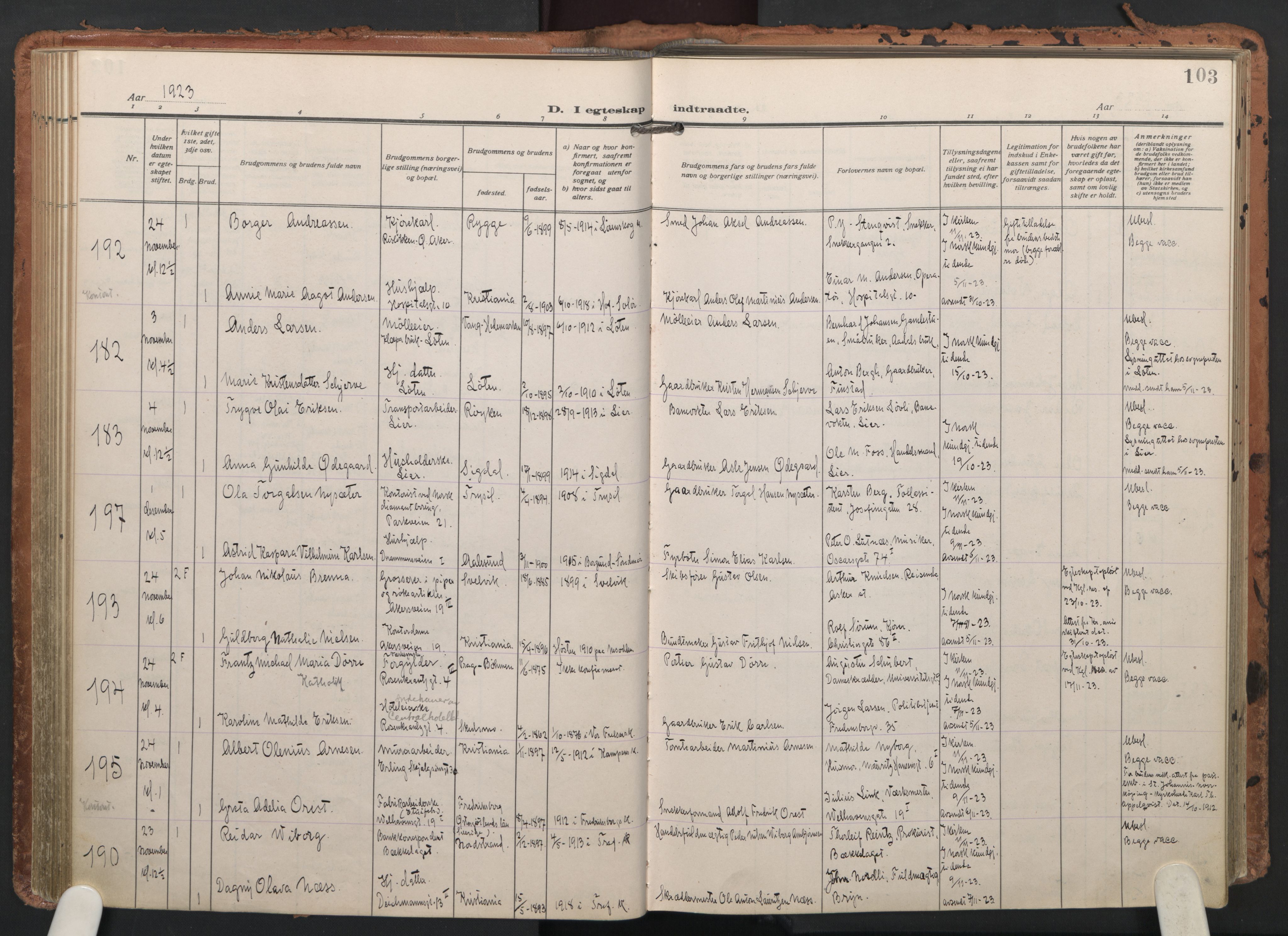 Trefoldighet prestekontor Kirkebøker, AV/SAO-A-10882/F/Fc/L0008: Parish register (official) no. III 8, 1920-1932, p. 103