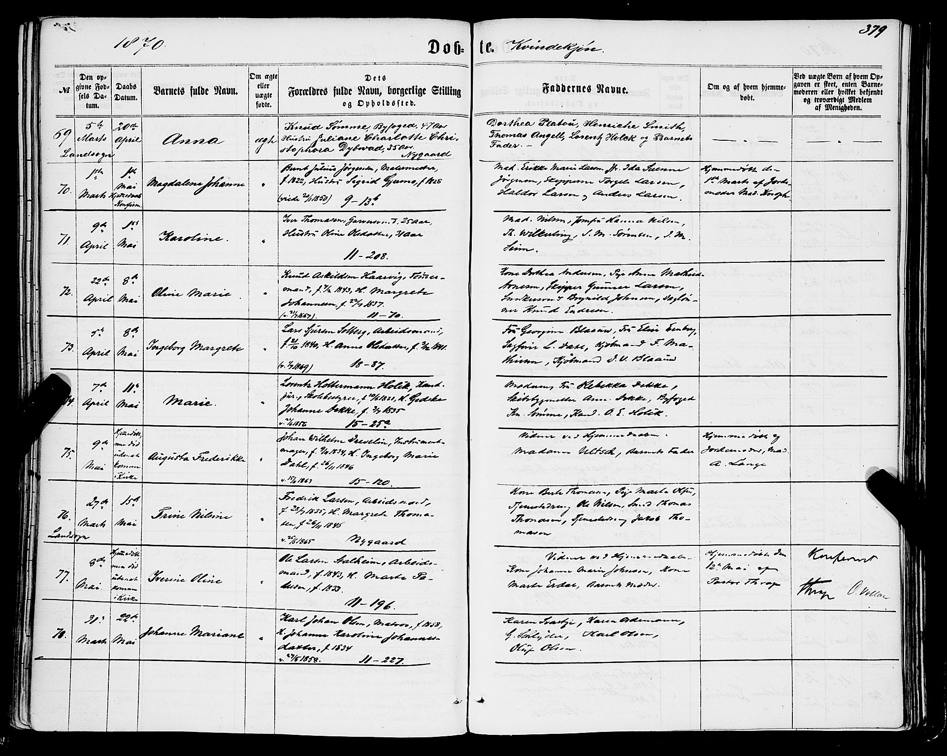 Domkirken sokneprestembete, SAB/A-74801/H/Haa/L0021: Parish register (official) no. B 4, 1859-1871, p. 379
