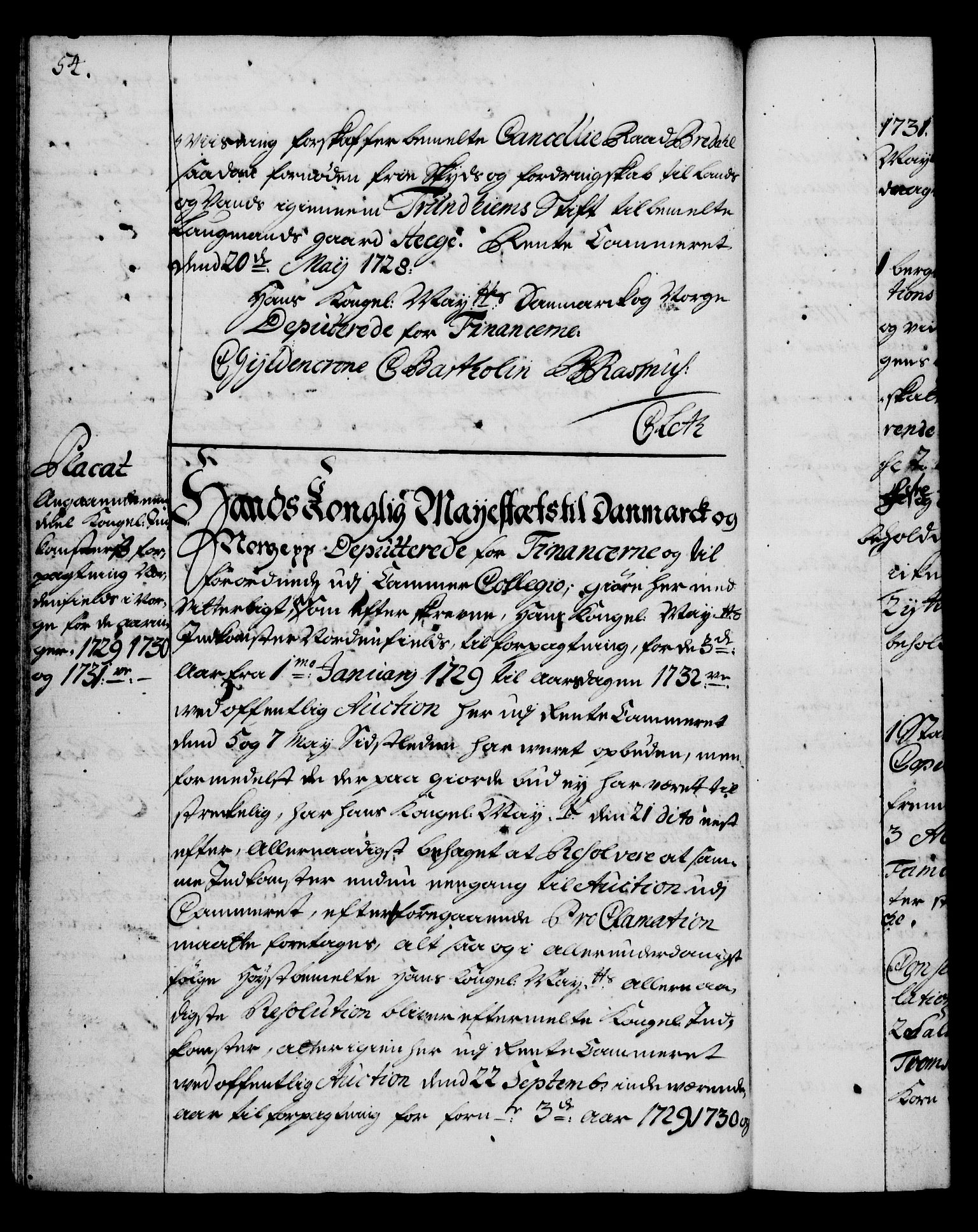 Rentekammeret, Kammerkanselliet, AV/RA-EA-3111/G/Gg/Gga/L0003: Norsk ekspedisjonsprotokoll med register (merket RK 53.3), 1727-1734, p. 54