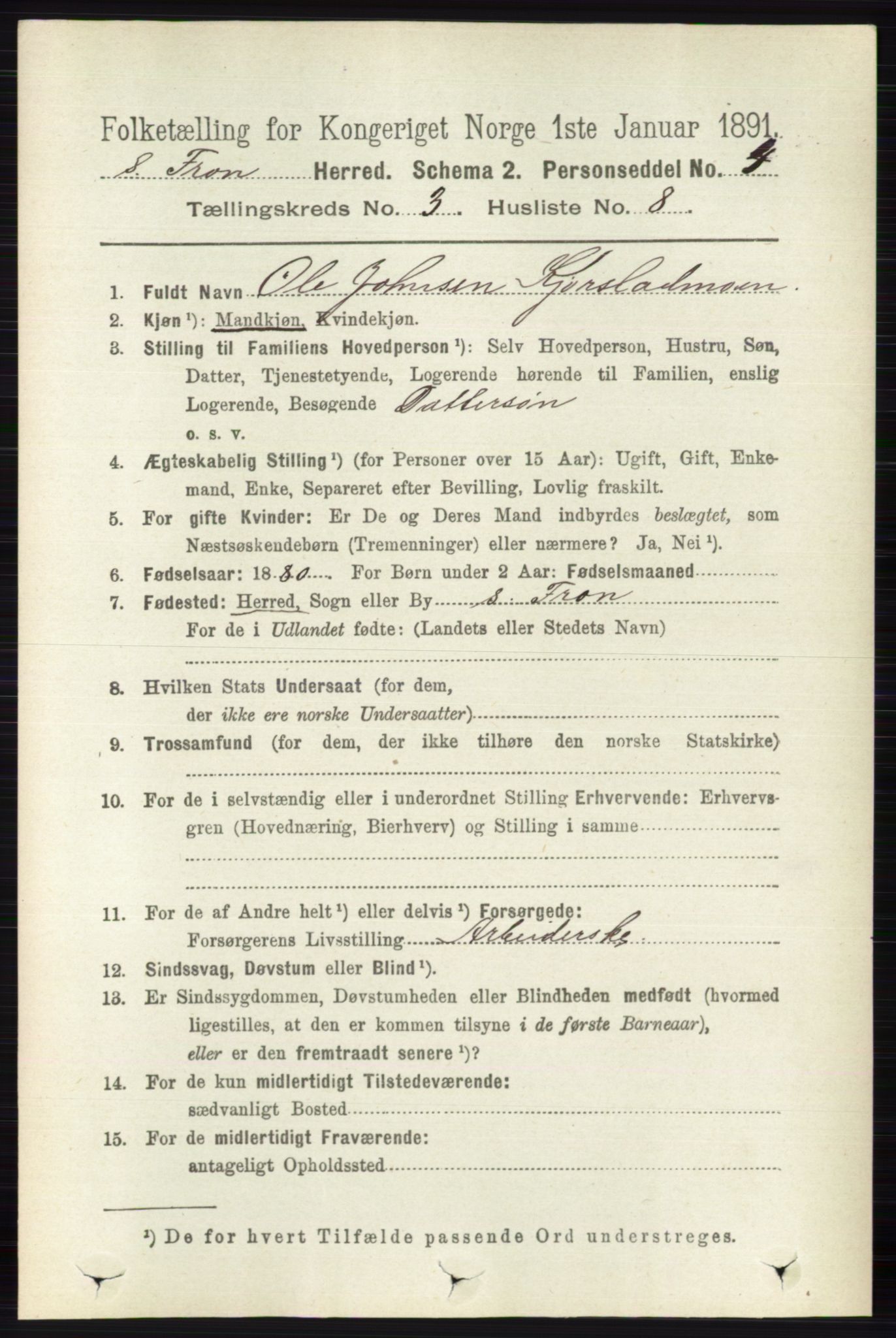 RA, 1891 census for 0519 Sør-Fron, 1891, p. 1009